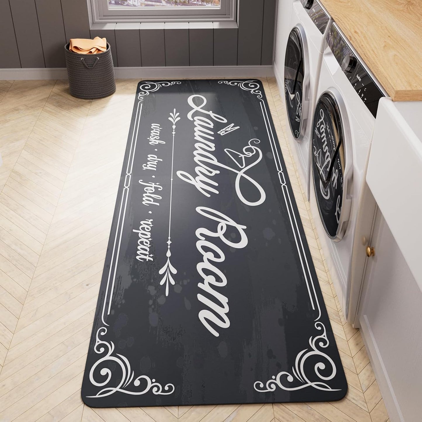Non-Slip Laundry Room Rug Runner 17.3"x47.2" Washable White Farmhouse Bathroom Mudroom Kitchen Mat for Entryway Washer and Dryer Carpet Decor Accessories