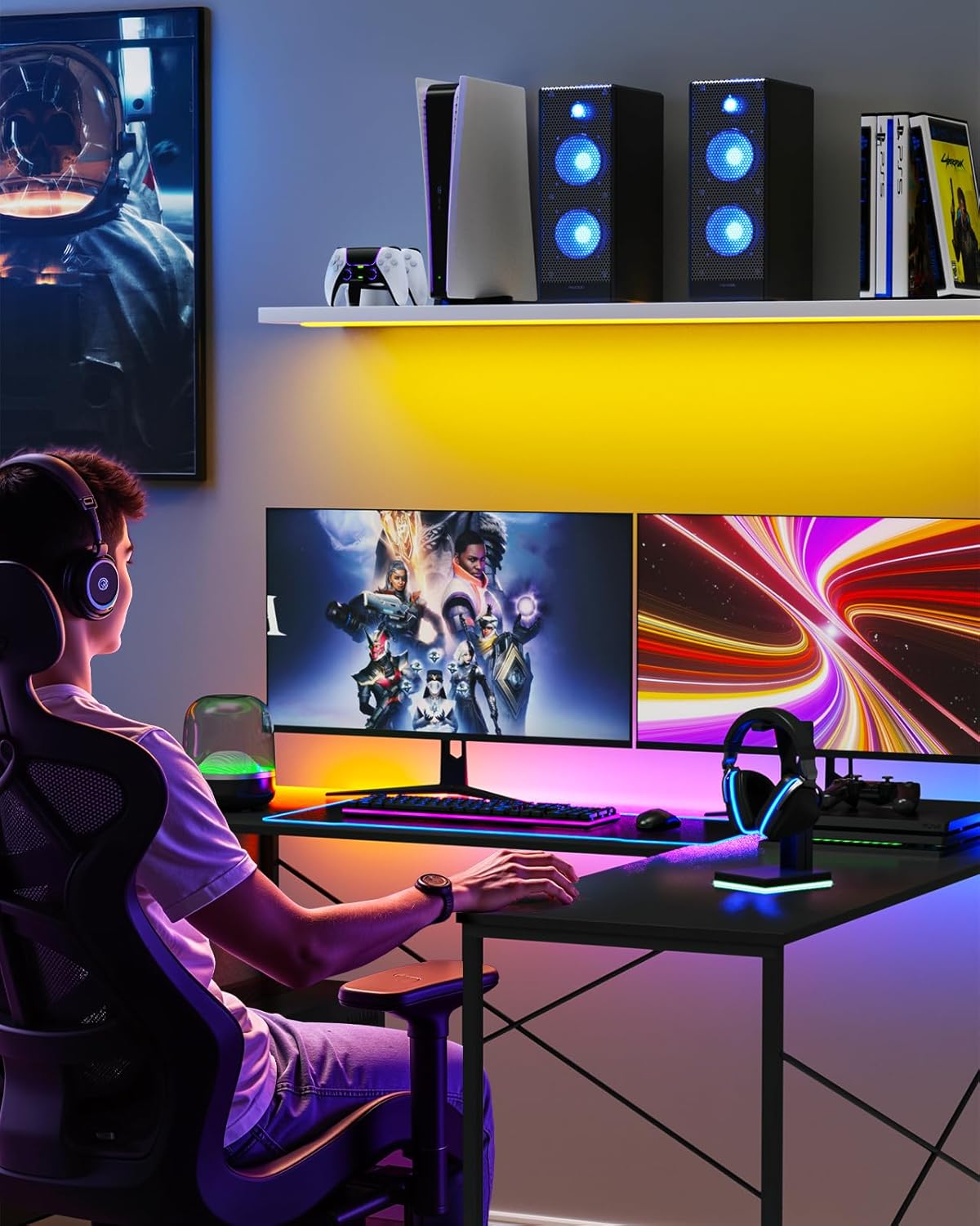 L Shaped Desk - 50" Reversible Home Office Computer Desk, Wood Top, Metal Frame, Side Bag, Sturdy Gaming Desk Corner Table for Work, Writing and Study, Space-Saving
