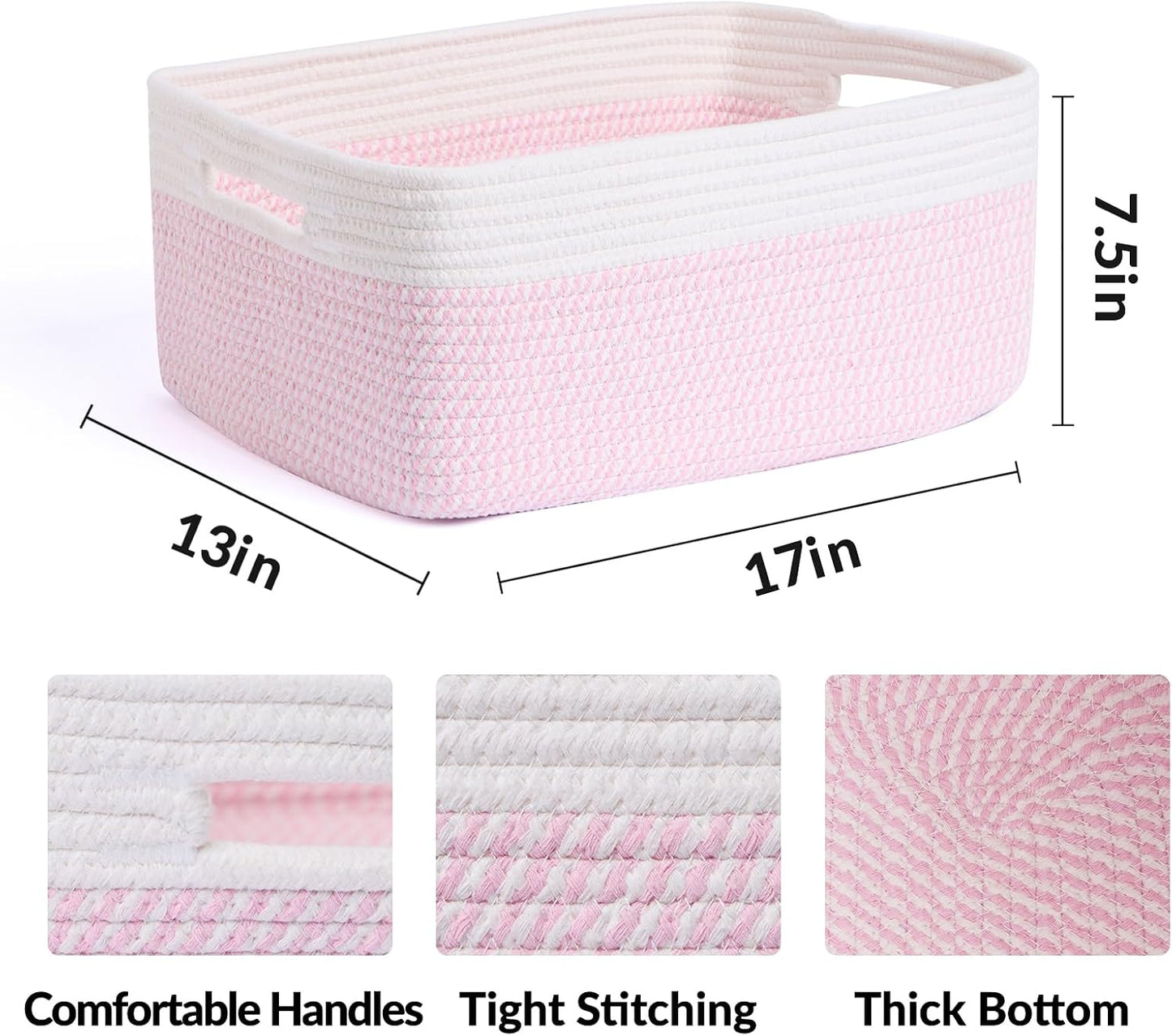 MiniArk Large Storage Baskets for Shelves, 17 x 13 x 7.5” Closet Organizers Bins for Clothes Blanket Towels, Baby Nursery, Toy Baskets Box, Woven Rope Baskets, 2 Packs Woven Pink