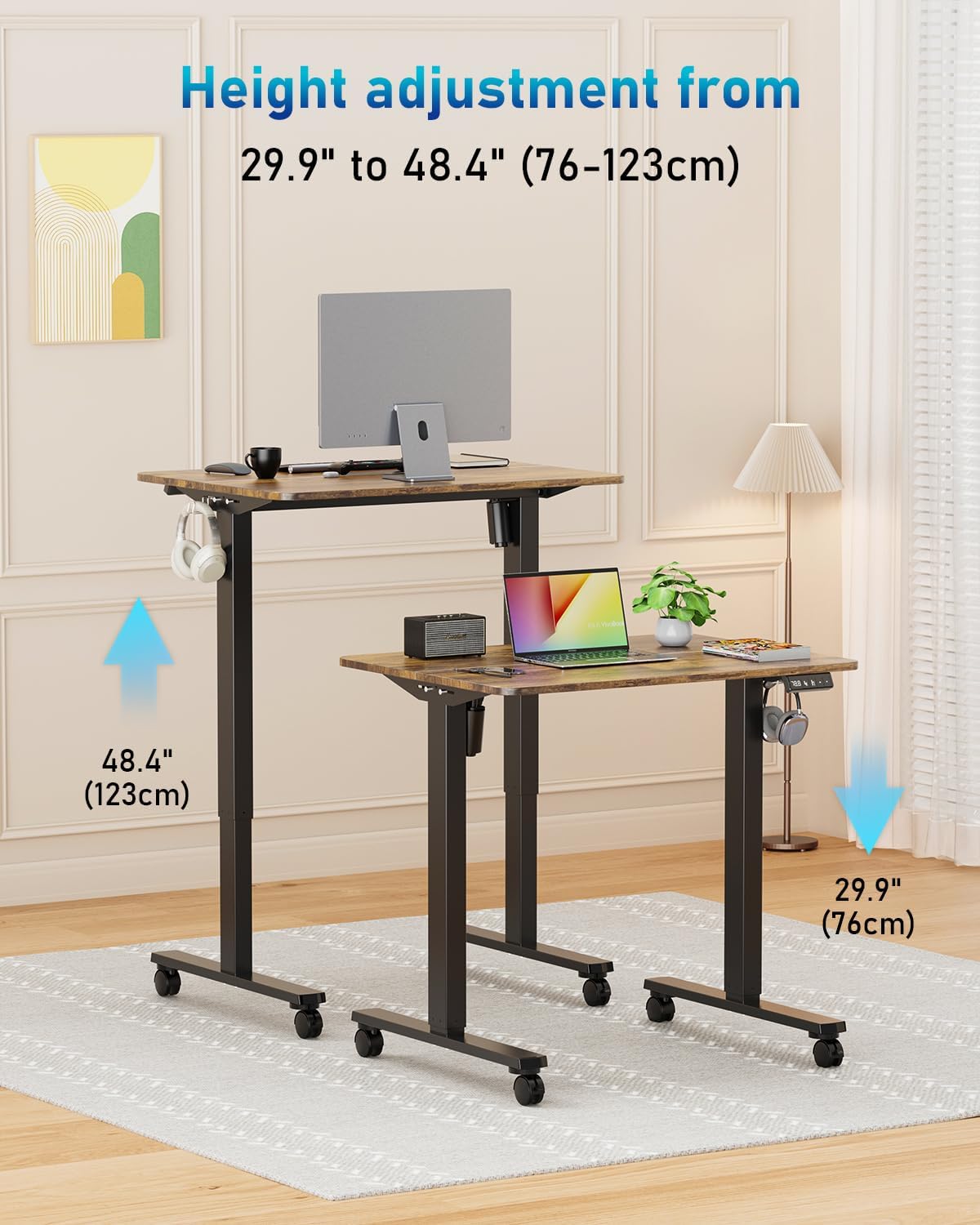 32" Small Electric Rolling Standing Desk Adjustable Height, Mobile Sit Stand up Desk with Lockable Casters for Home Office & Computer Workstation, Splice Board, 2 Hooks, Black Frame/Rustic Brown Top