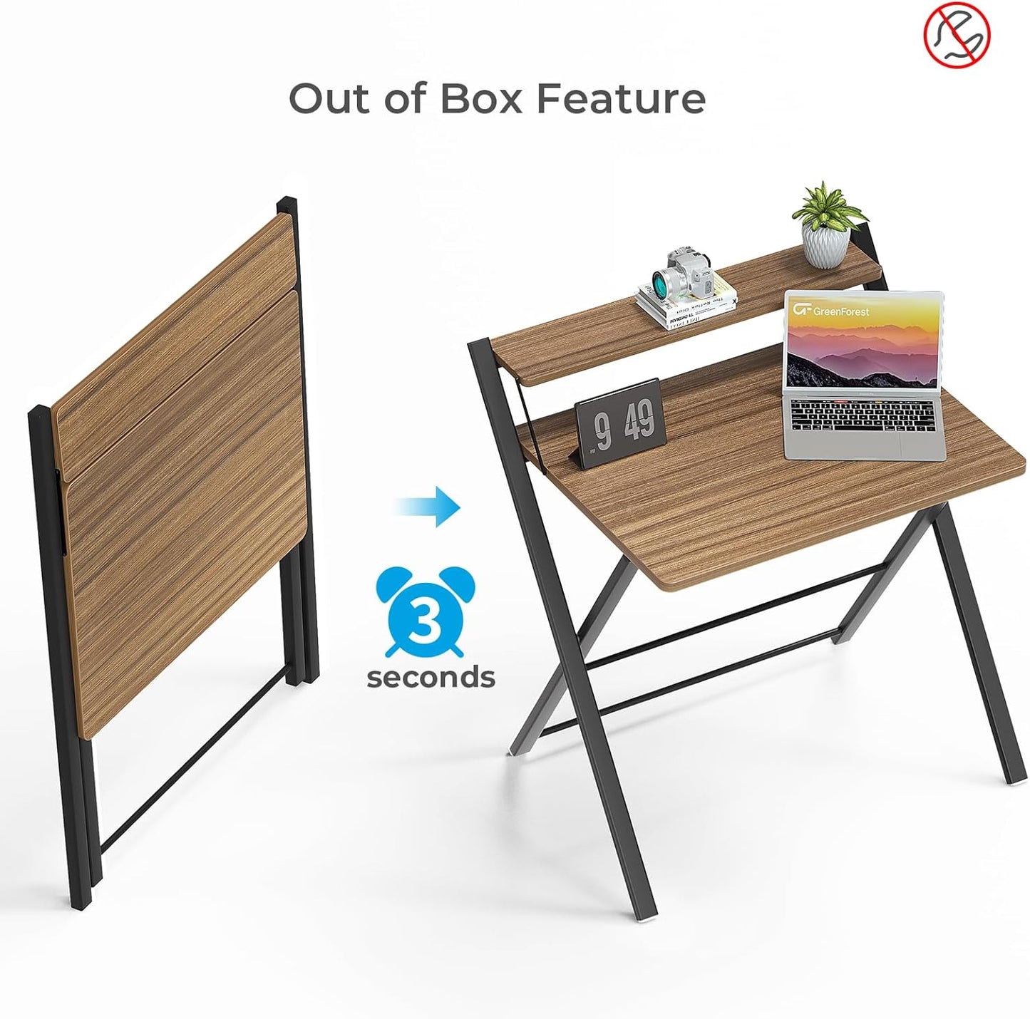 GreenForest No Assembly Folding Desk, 2-Tier Compact Computer Desk with Shelf, Space Saving Foldable Table for Home Office, Dorm or Apartment, Portable Collapsible Sturdy Laptop Desk, Espresso