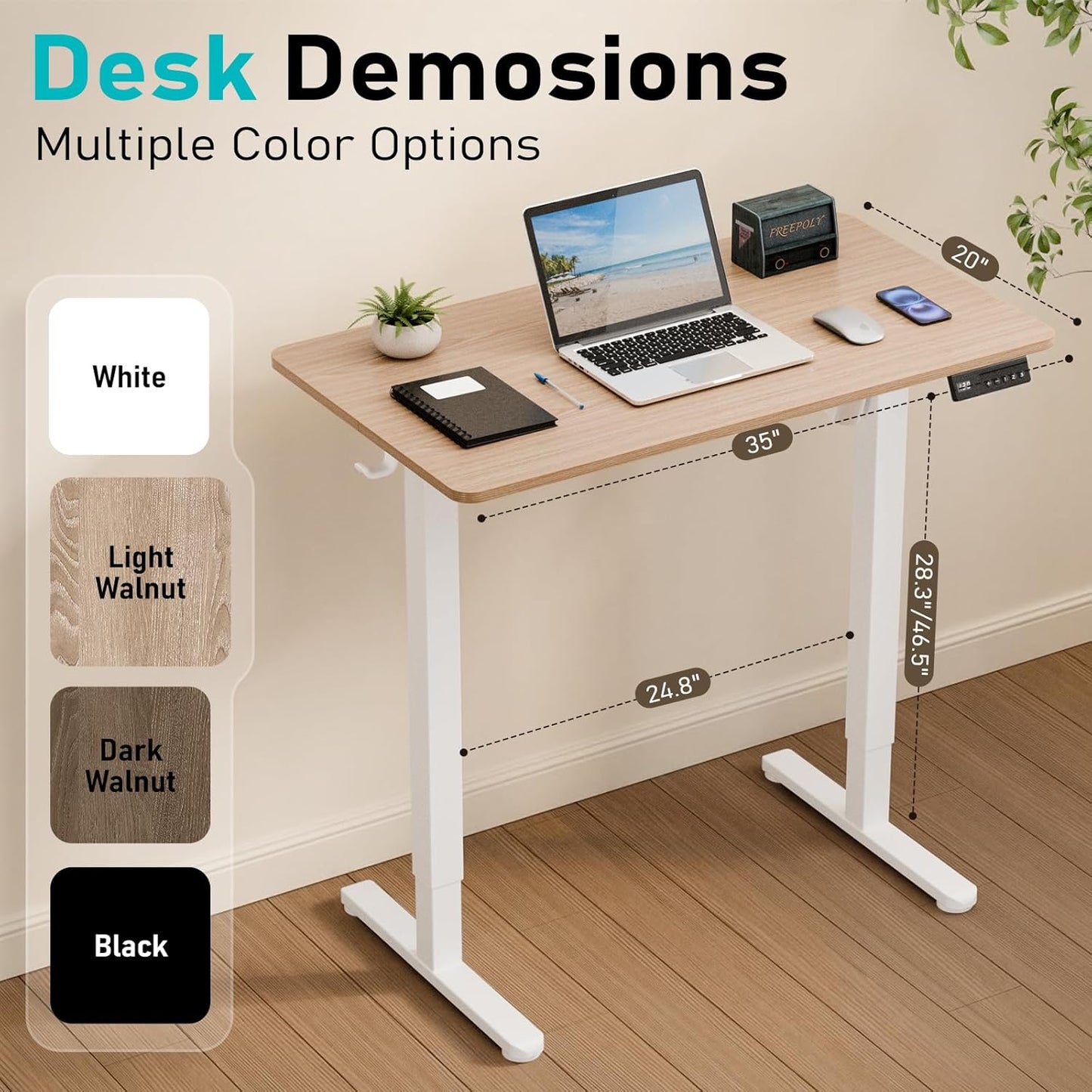 35" Electric Standing Desk Adjustable Height, Small Sit Stand Desk for Home Office & Computer Workstation, Compact Work Desk with Cable Management (Light Walnut)