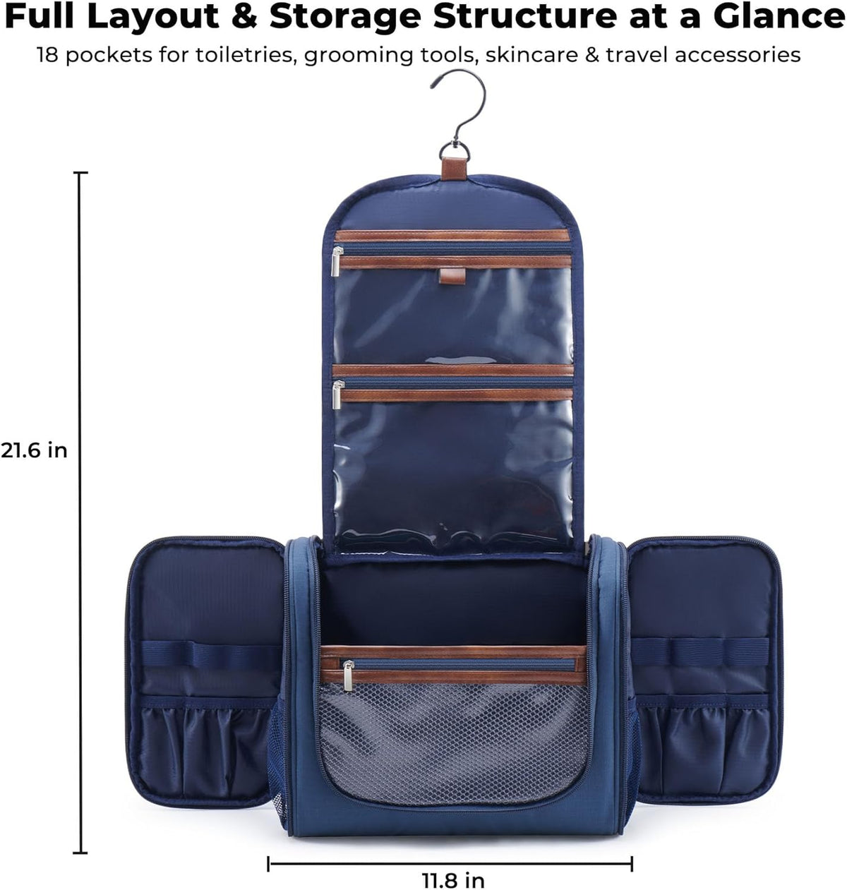 Ralnitote Large Hanging Toiletry Bag for Men, Travel Bathroom Bag with Hook, Hygiene Bag Organizer for Shower, Shaving & Grooming Essentials, Navy