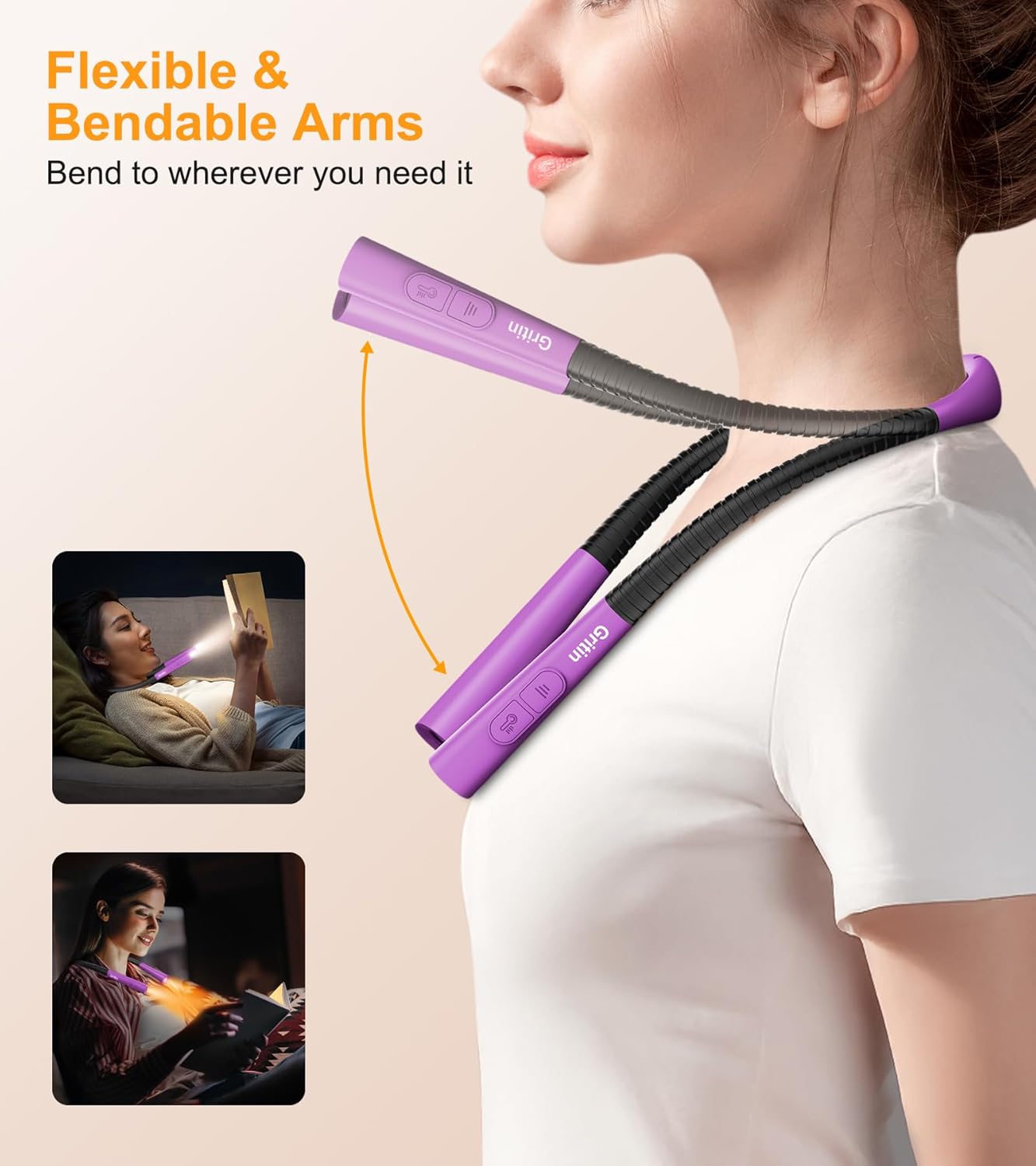Gritin Book Light, Eye Caring 4-Color & 5-Brightness Neck Light Reading Light- Stepless Dimming,30-min Timer,80+ Hrs Runtime,Bendable Round Neck Design, Lightweight for Reading-Dark Purple