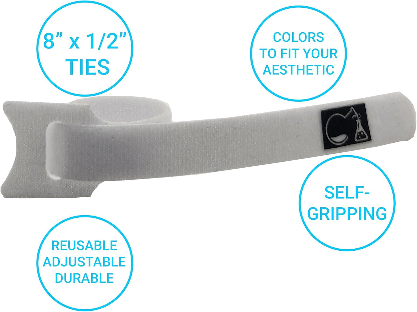 CableLock Cable Ties - 50 Pack - 8 Inch Reusable Cord Organizers - Clean Cable Management for Gaming and Home Office (White)