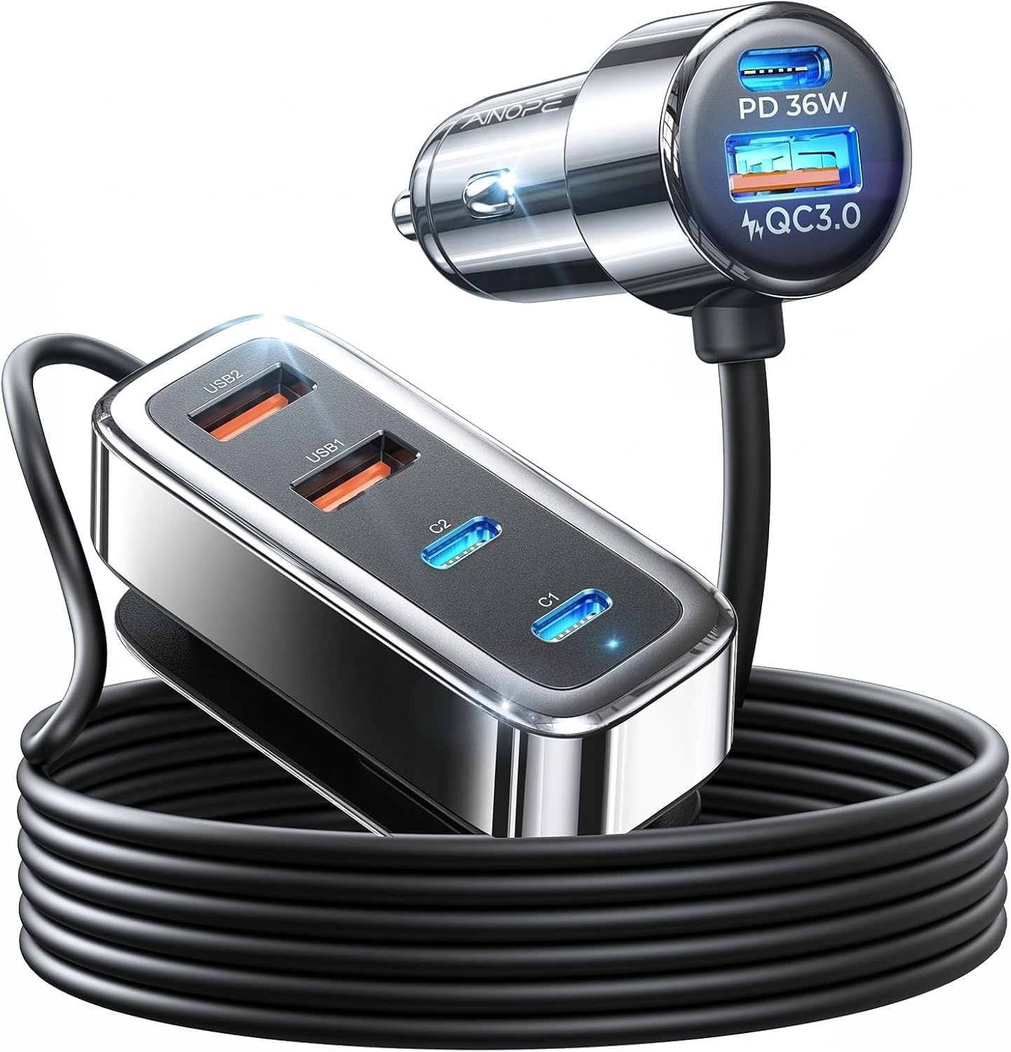 AINOPE 108W Multiple Ports Car Charger, Cigarette Lighter USB Charger, PD&QC Car Charger Adapter, Cigarette Lighter Adapter Fast Charging for iPhone 17[+5FT Cable], 12V Road Trip Essentials for Kids
