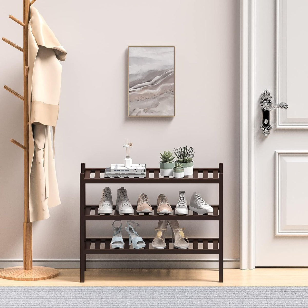 ROMGUAR CRAFT 3 Tier (Thick) Bamboo Shoe Rack for Closet Free Standing Wood Shoe Shelf for Entryway Small Space Stackable 27"x12"x21" (Black Brown)