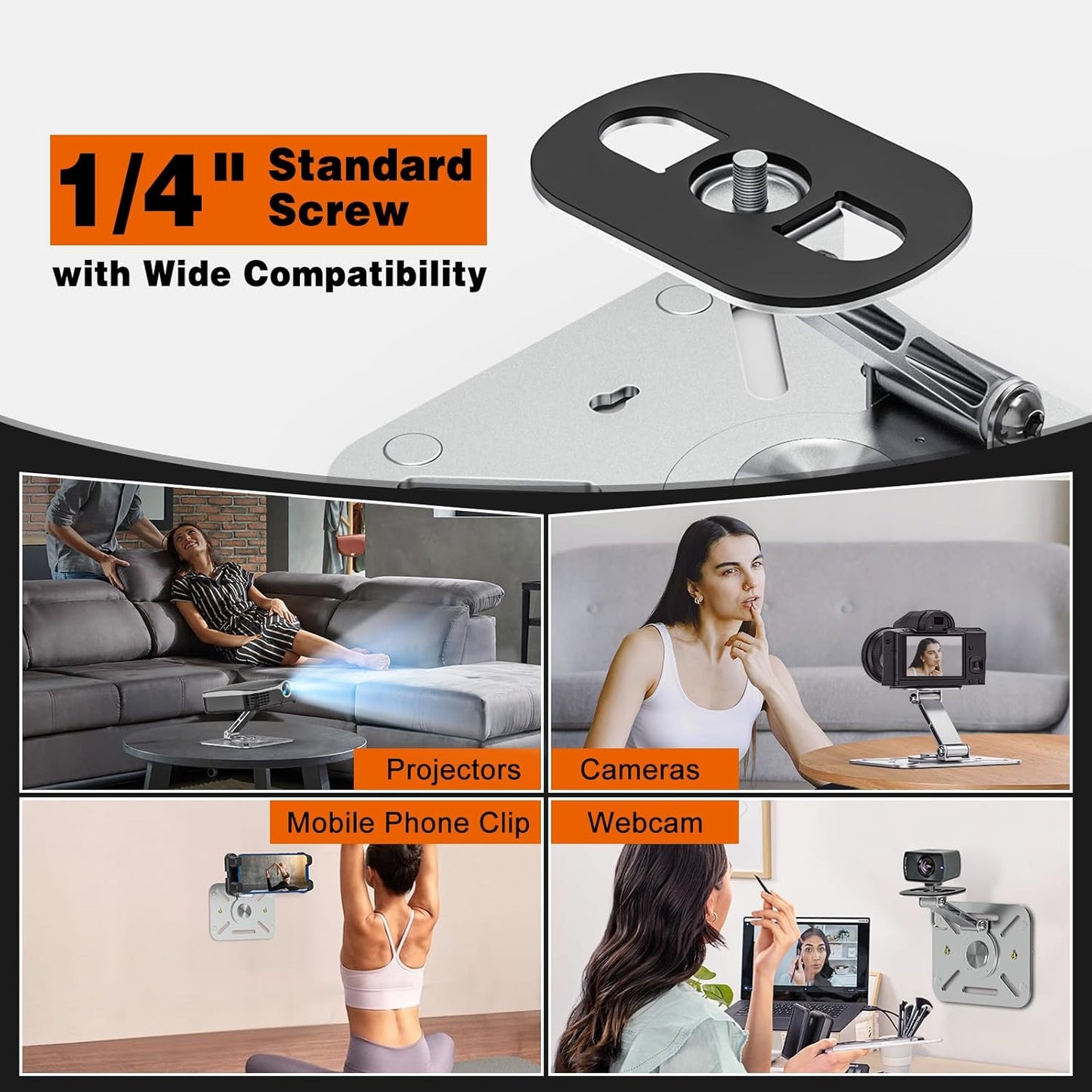 3-in-1 Projector Stand – Desk, Wall and Ceiling Mount with 1/4-Inch Thread, Foldable, Easy Setup, Height Adjustable and 360-degree Rotation Compatible with Most Projectors for Home, Office