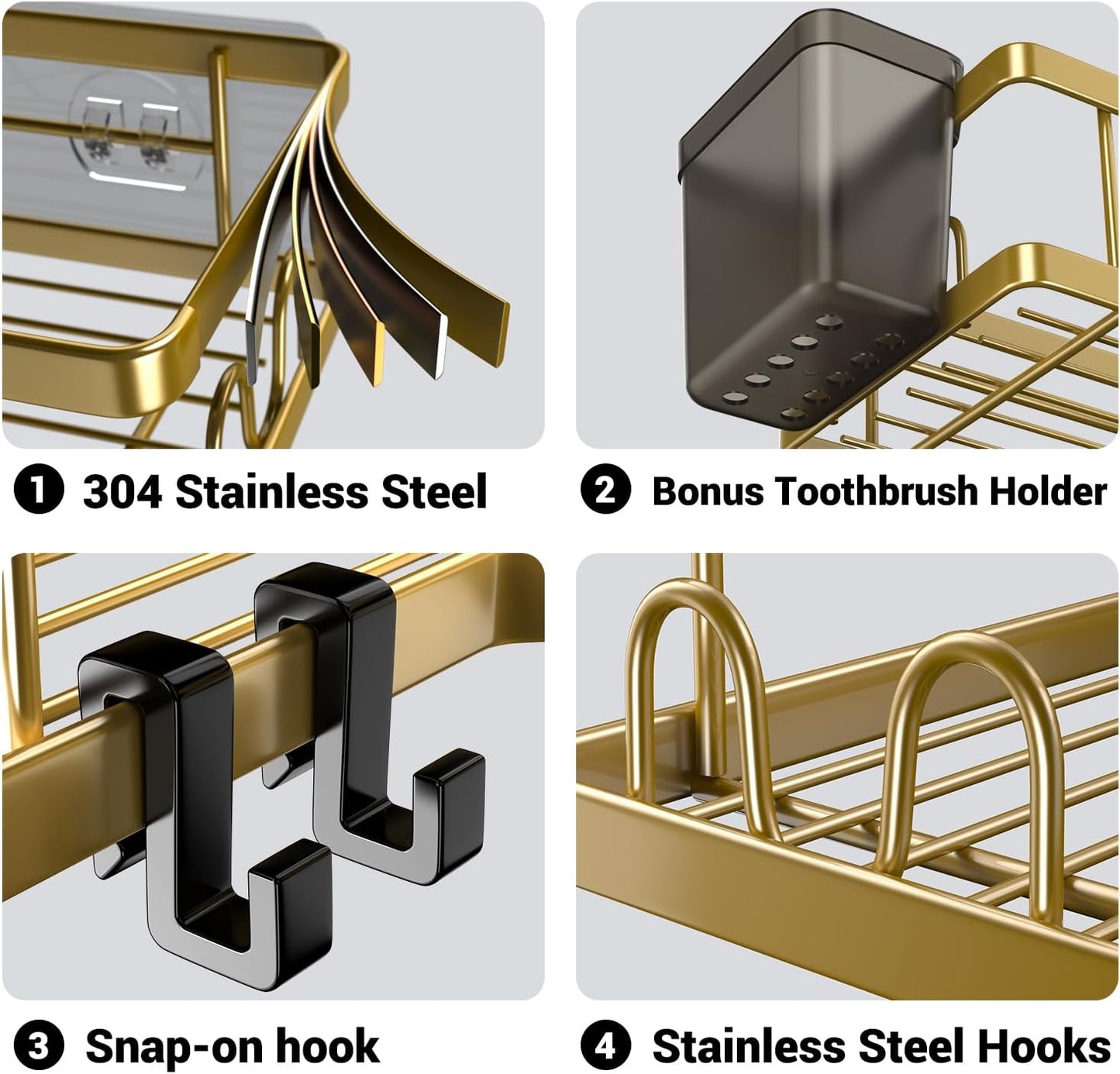 AKTECKE Corner Shower Caddy Organizer Shelf: 2Pack Adhesive Shower Rack, No Drilling Stainless Steel Shower Storage Shelves for Bathroom Kitchen (Gold)