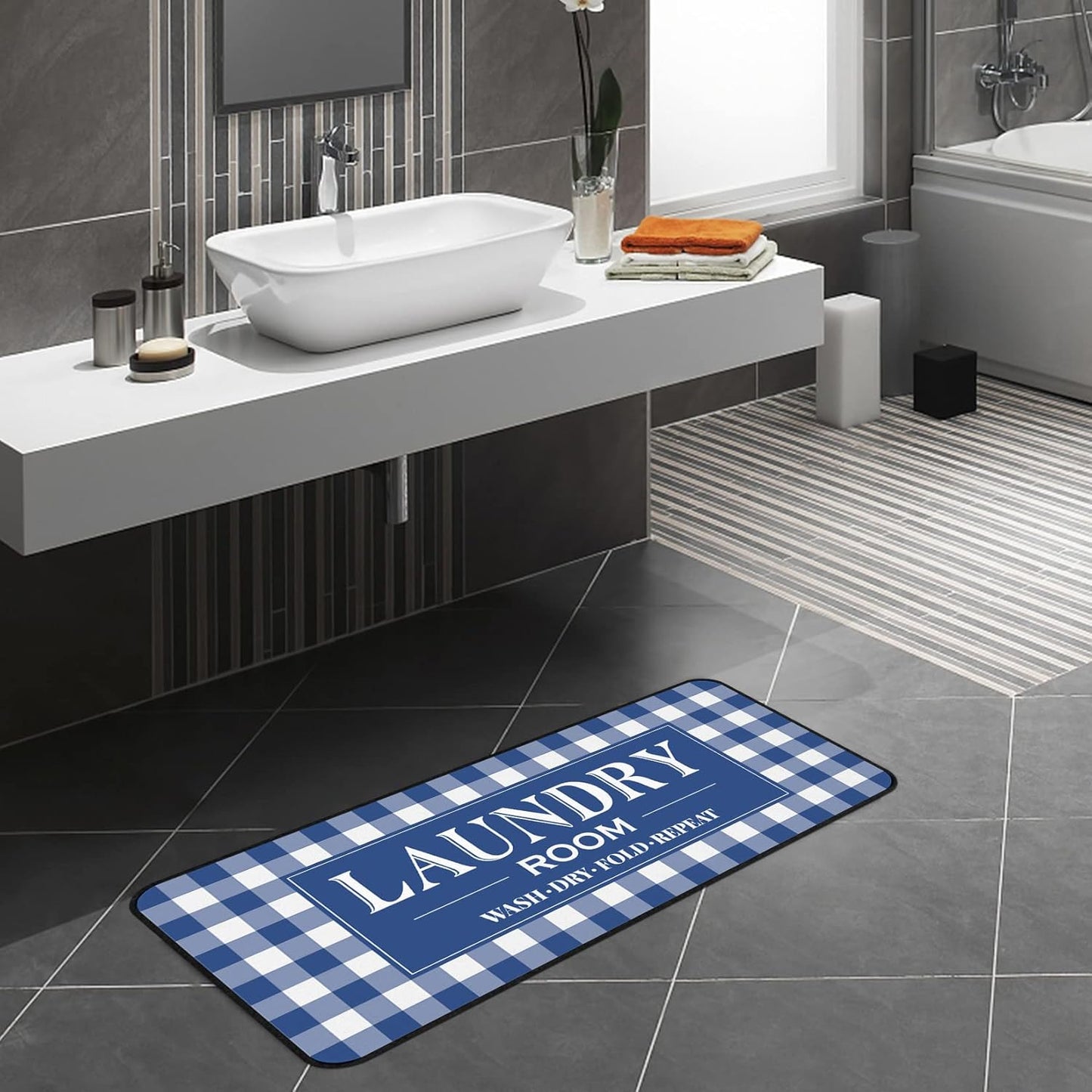 ROMAMIGO Laundry Room Rug Runner Non Slip Laundry Mats Mudroom Laundromat Runner Farmhouse Kitchen Floor Mat Bathroom Laundry Room Decor Accessories(20 X 47 inch, Buffalo Plaid Blue)
