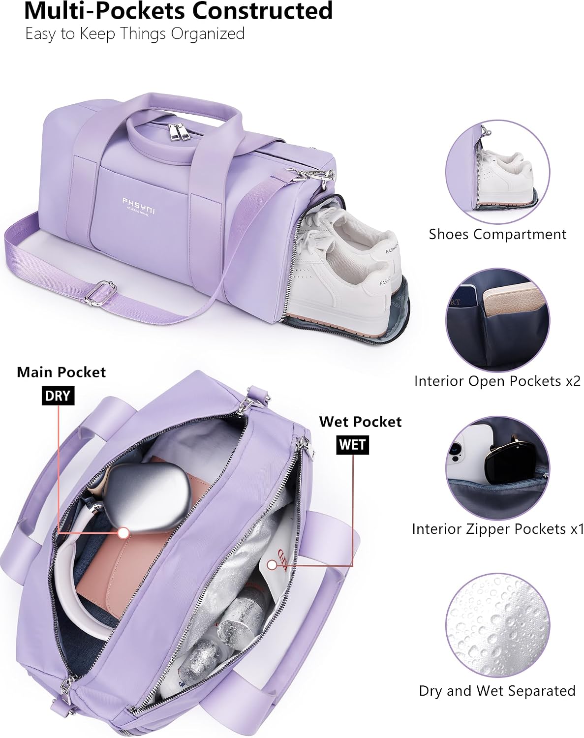 16" Gym Bag for Women,with Shoes Compartment and Waterproof Pocket(Purple)