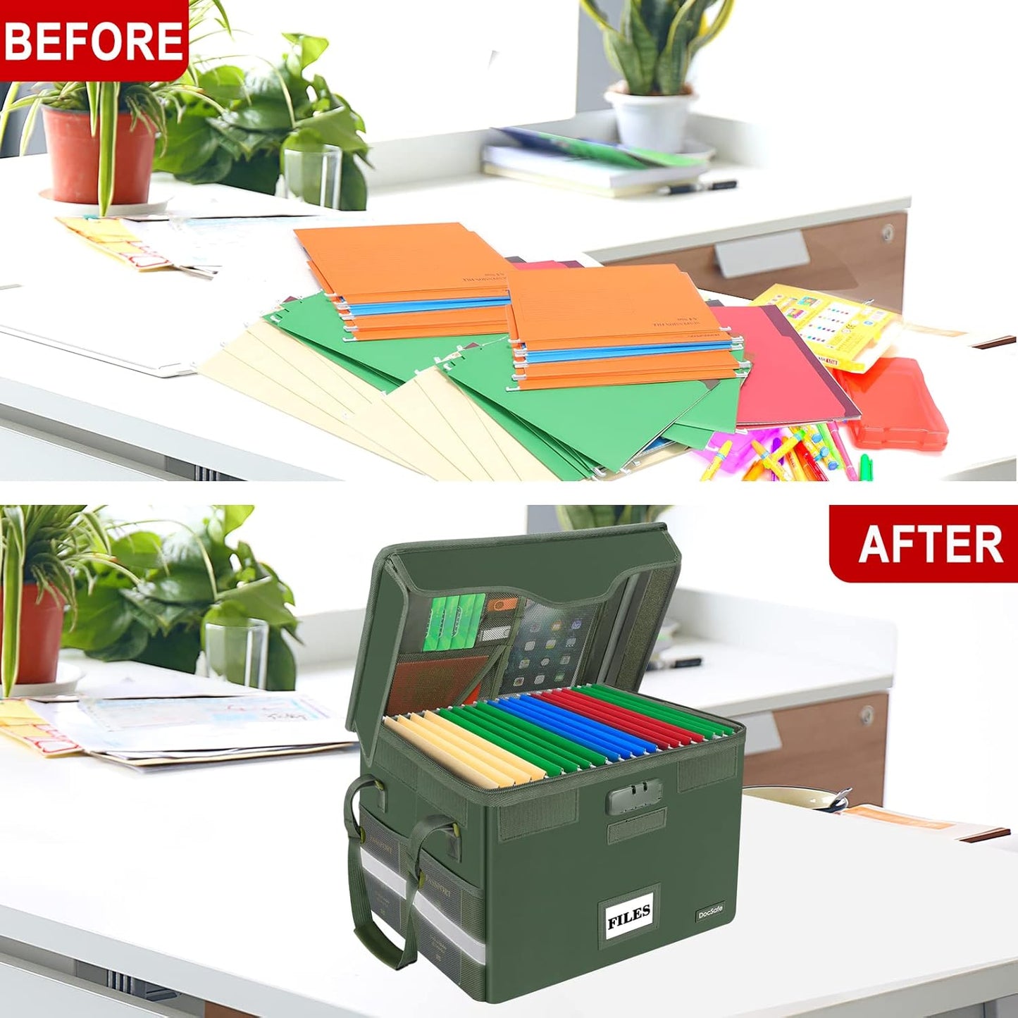 DocSafe Fireproof Document Box with Lock,File Storage Organizer with Mesh Pockets＆Lid,Collapsible Portable File Box Home Office Safe Filing Cabinet with Handle for Hanging Letter/Legal Folder,Green