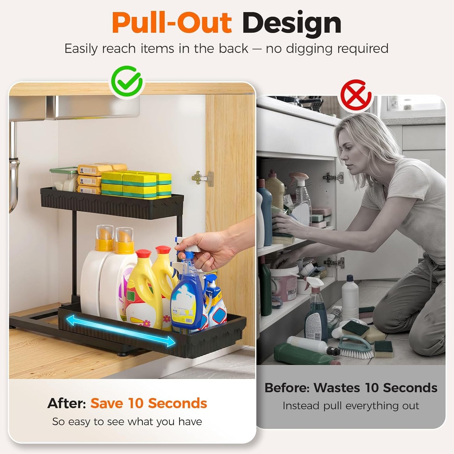 Sevenblue 3 Pack Multi-Purpose Pull-Out Storage Organizers, 2-Tier L-Shaped Under Sink/Cabinet Organizers and Storage for Bathroom & Kitchen, (Black, 12.85 Inches)