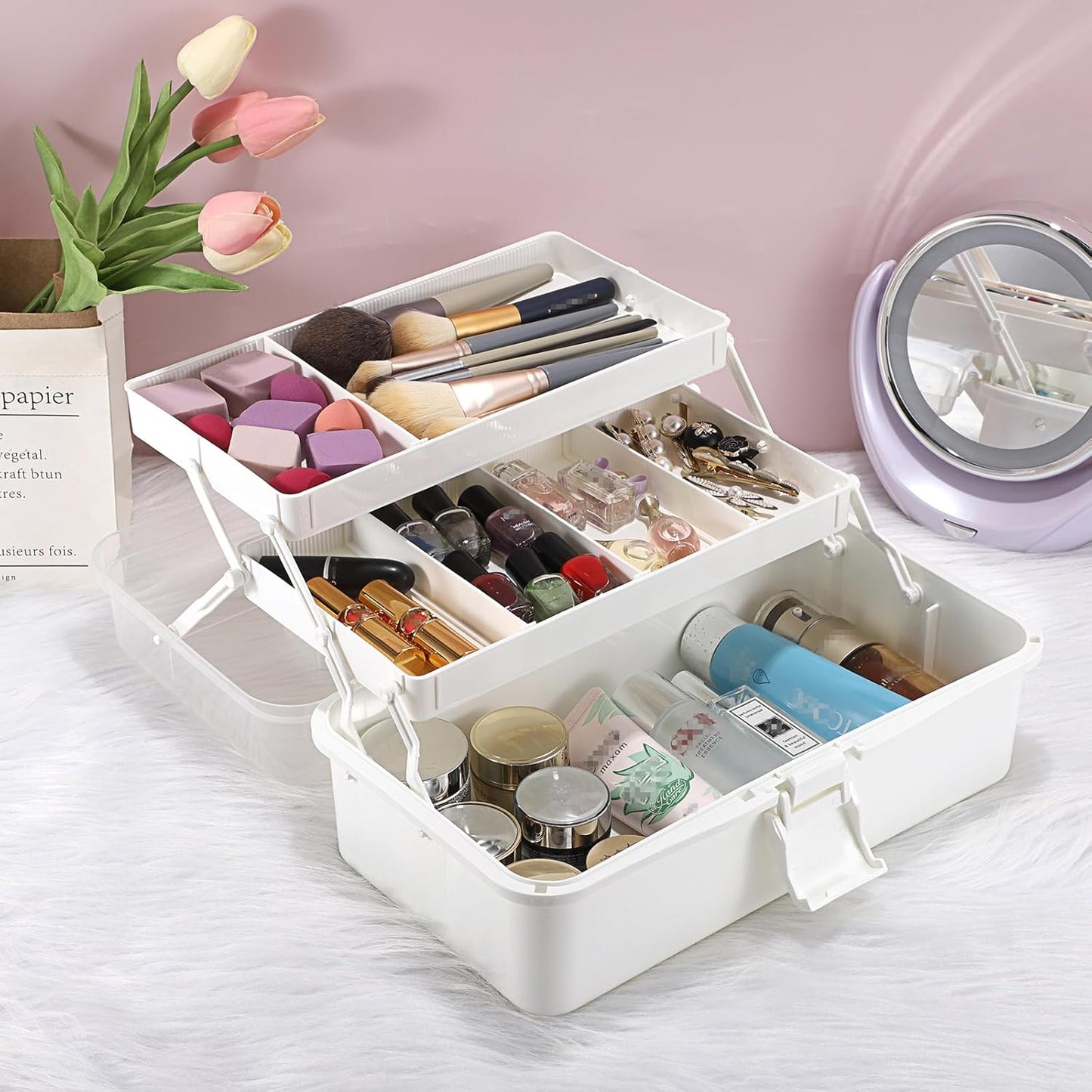 BTSKY 3-Layer Plastic Dividing Storage Box Craft Organizer with Adjustable Spacers Portable Handled Art Supply Organizer Multipurpose Home Utility Box for Medicine Box Sewing Box (Beige White)