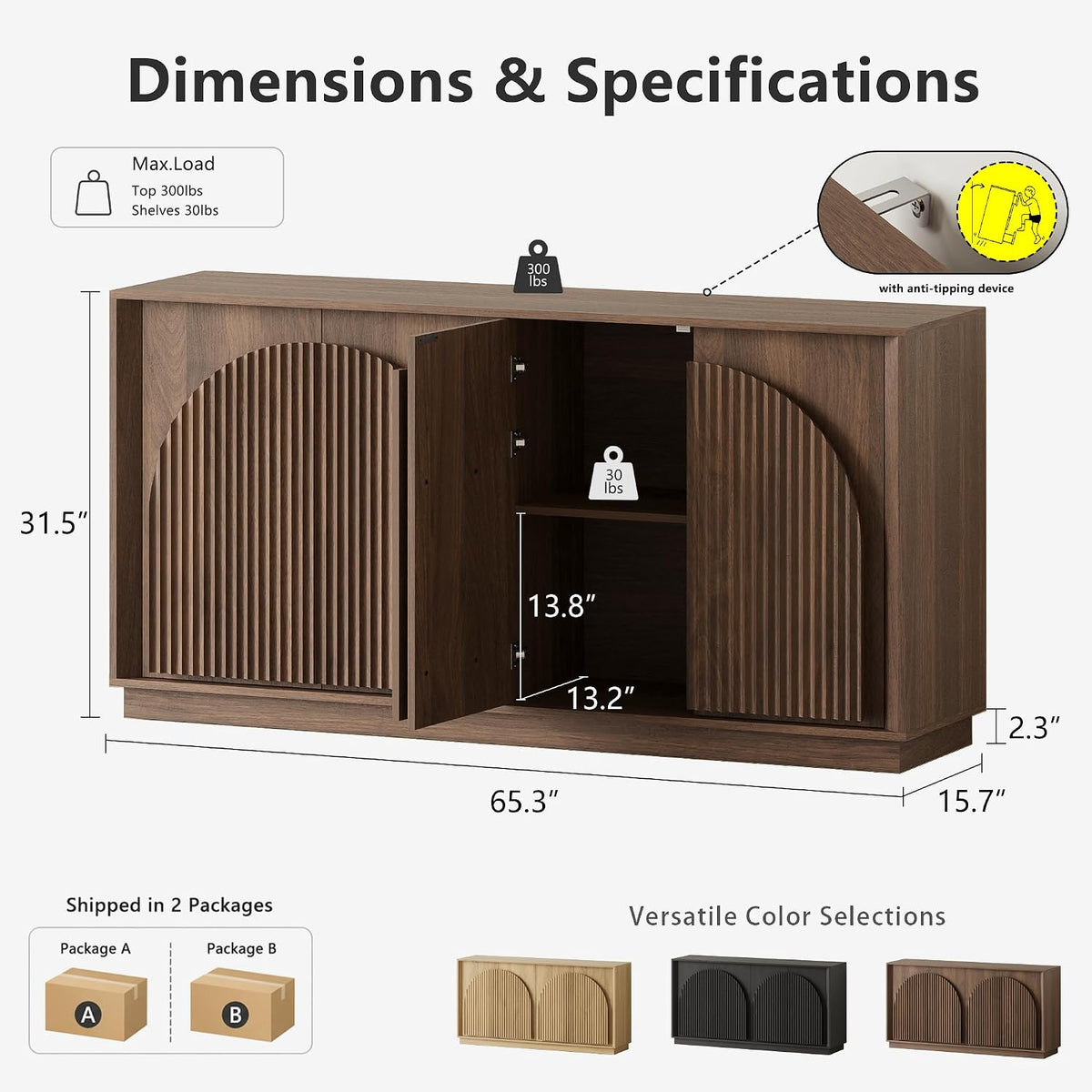 win2win 65" Sideboard Buffet Cabinet with Storage, Modular Credenza, Walnut
