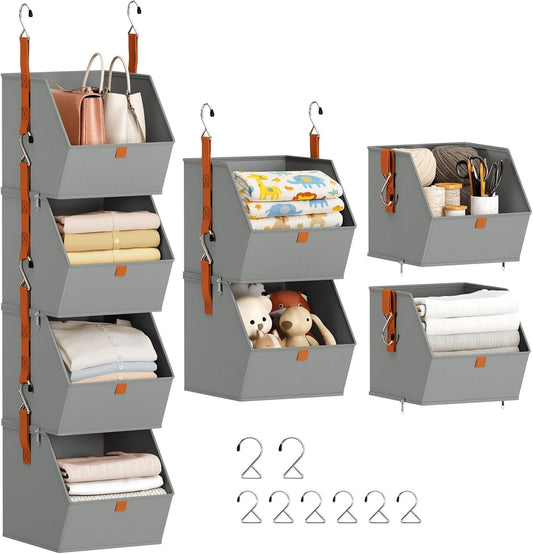 Homsorout Hanging Closet Organizer 4 Tier - Clothes Hanging Shelves, Space-Saving Closet System, Fabric Storage Bins Bedroom Organization, Collapsible Baskets for Home, Dorm, Rv, Grey