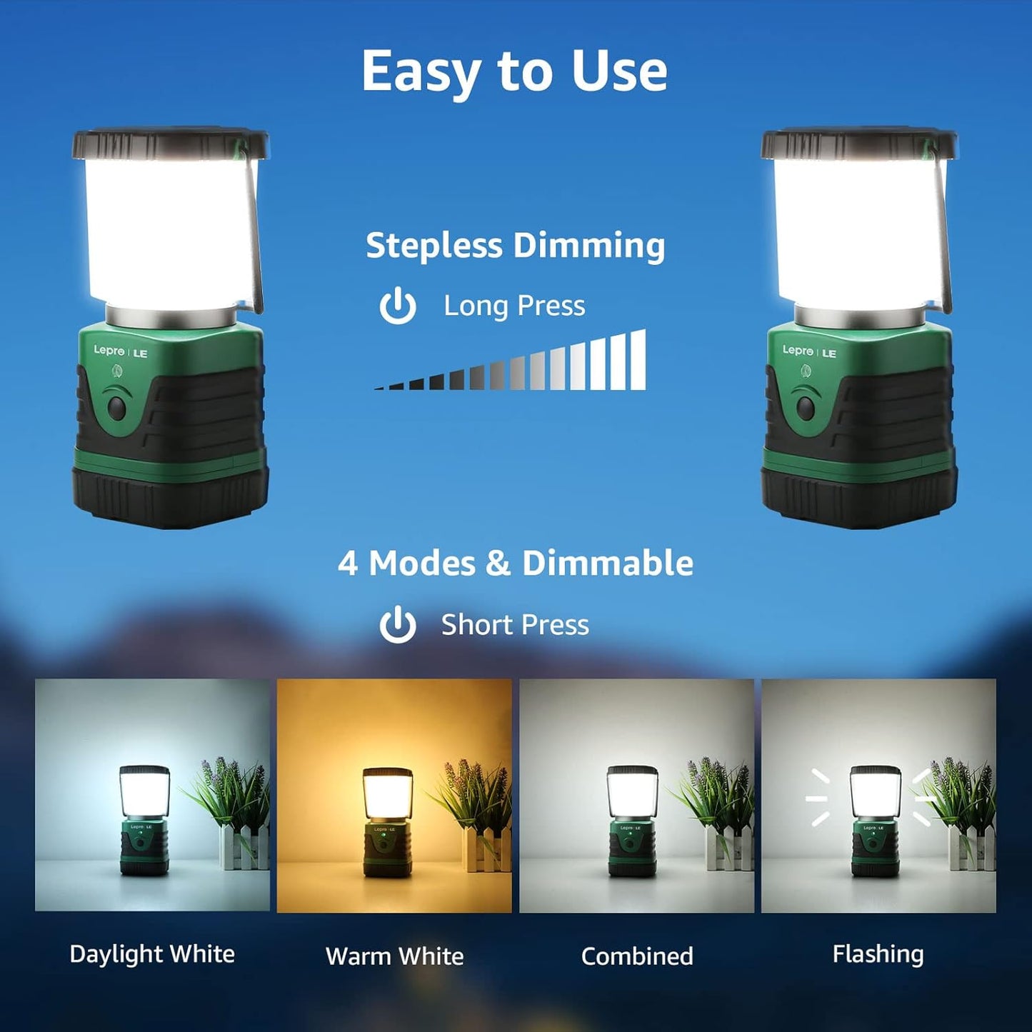 Lepro 1000LM LED Camping Lantern Rechargeable, 4400mAh Power Bank, Green Tent Light with 4 Light Modes, Waterproof Lantern Flashlight for Hurricane Emergency, Camping Essentials, USB Cable Included