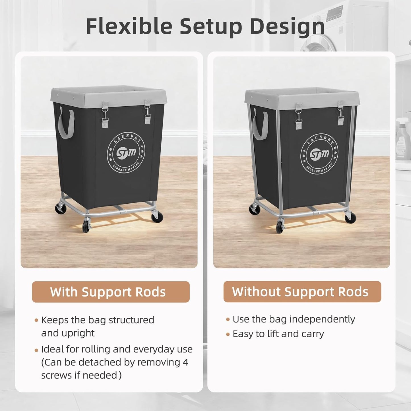 STORAGE MANIAC Commercial Laundry Hamper with Heavy Duty Steel Frame, 160 L Industrial Laundry Basket Cart with Wheels for Hotel, Home, Laundry Room, 17.72''L x 17.72''W x 30.91''H, Medium Black