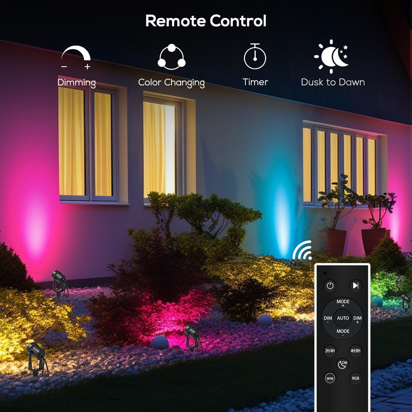 SUNTHIN Outdoor Landscape Lighting with Dusk to Dawn Sensor Controller & Remote, RGBW Color Changing Spot Uplights, 4 Pack