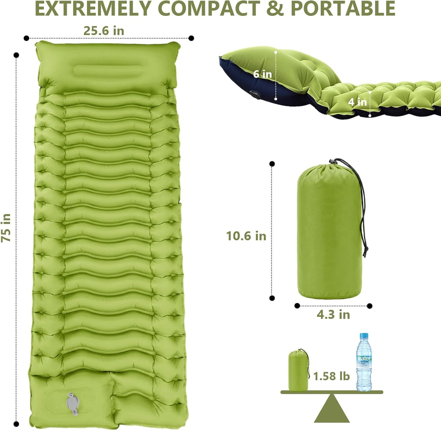Sleeping Pad, Ultralight Camping Mattress with Pillow, Built-in Foot Pump Inflatable Sleeping Pad Compact for Camping Backpacking Traveling Hiking Tent, Single, Green