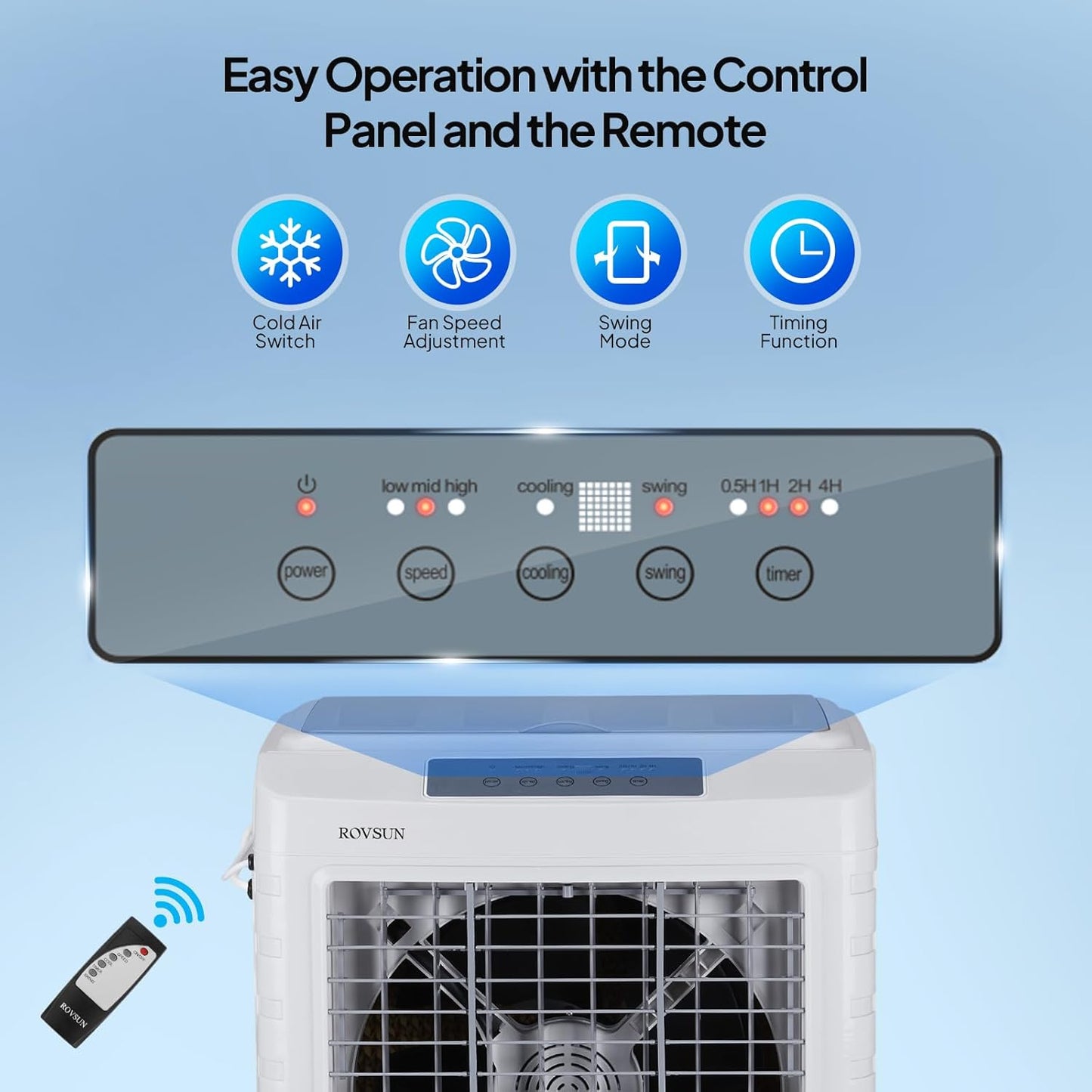 ROVSUN 4100CFM Portable Air Cooler, 13.2Gal/50L Evaporative Swamp Cooler, 3-IN-1 Cooling Fan with Remote Control, 3 Speeds, 7.5H Timer & 4 Ice Box, Humidifying Oscillating Fan for Indoor or Outdoor