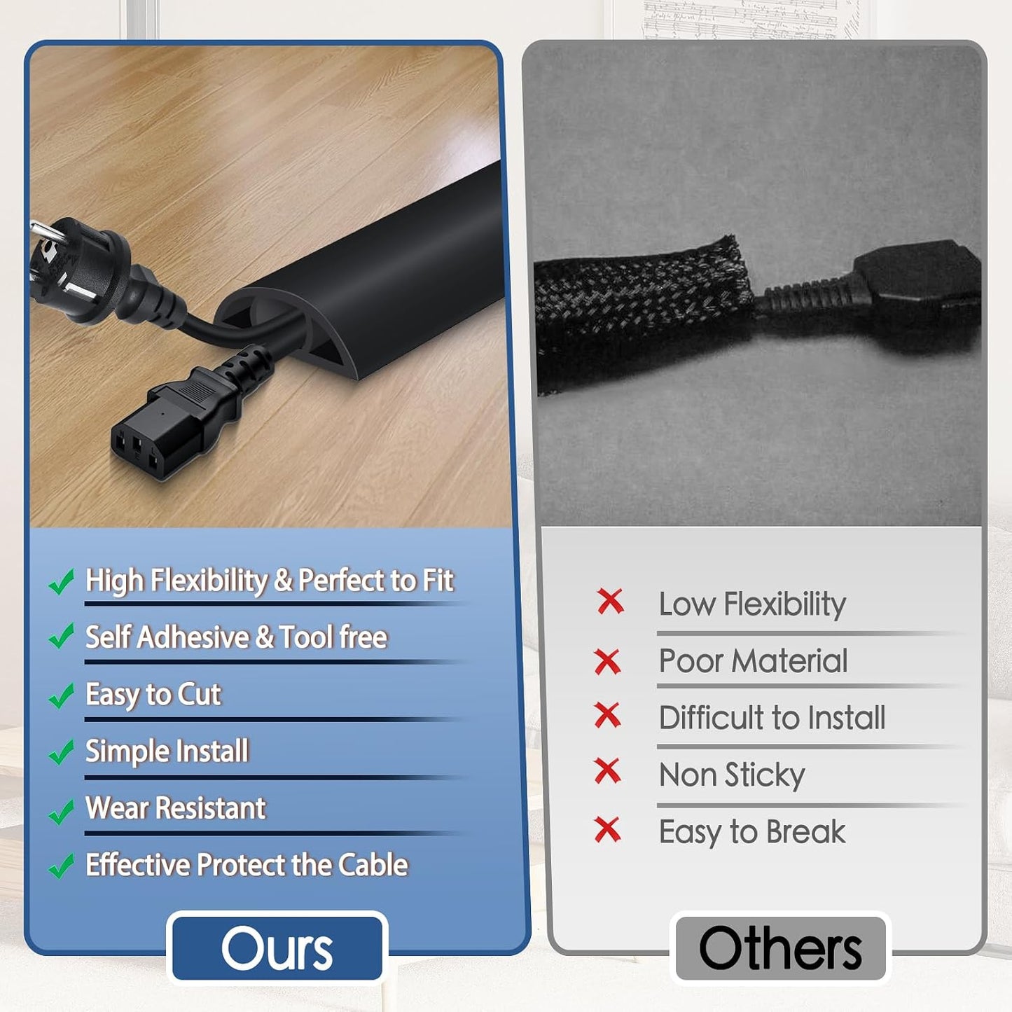 Floor Cord Cover for Wires on Floor Self Adhesive Cord Hider | Floor Cable Cover Floor Wire Covers for Cords Prevent Cable Trips, Cord Cavity W 0.47" x H 0.27", Black, 10Ft