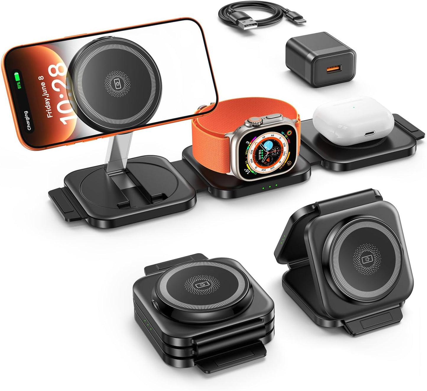 Travel Essentials for Apple Watch Charger,3 in 1 Charging Station for Apple Devices,Foldable Wireless Charging Station for iPhone 17/16/15/14/13/12, Apple Watch & AirPods with Magsafe Charger Stand