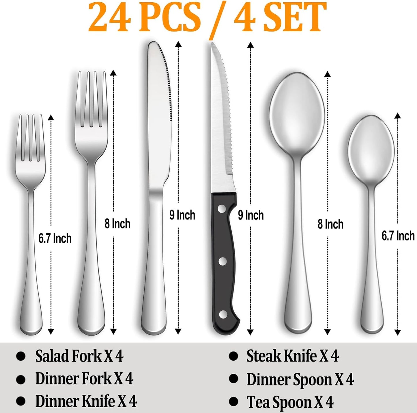 24 Pcs Silverware Set with Steak Knives Service for 4,Stainless Steel Flatware Set,Mirror Polished Cutlery Utensil Sets,Home Kitchen Eating Tableware,Include Fork Knife Spoon,Dishwasher Safe