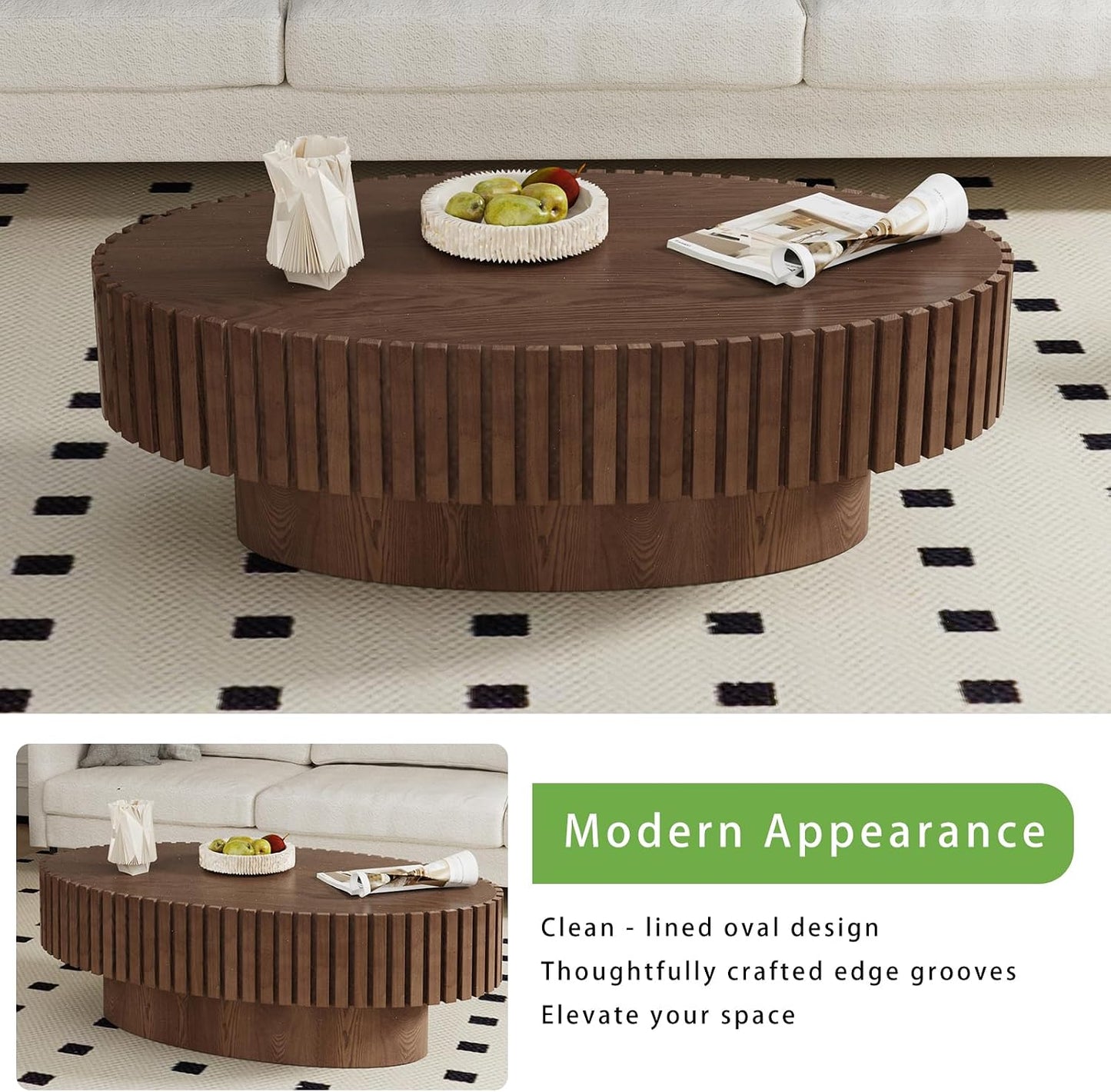 Modern Oval Coffee Table for Living Room (Oval Dark Brown) | Drum Oval Fluted Coffee Table, Pedestal Center Table for Office Patio