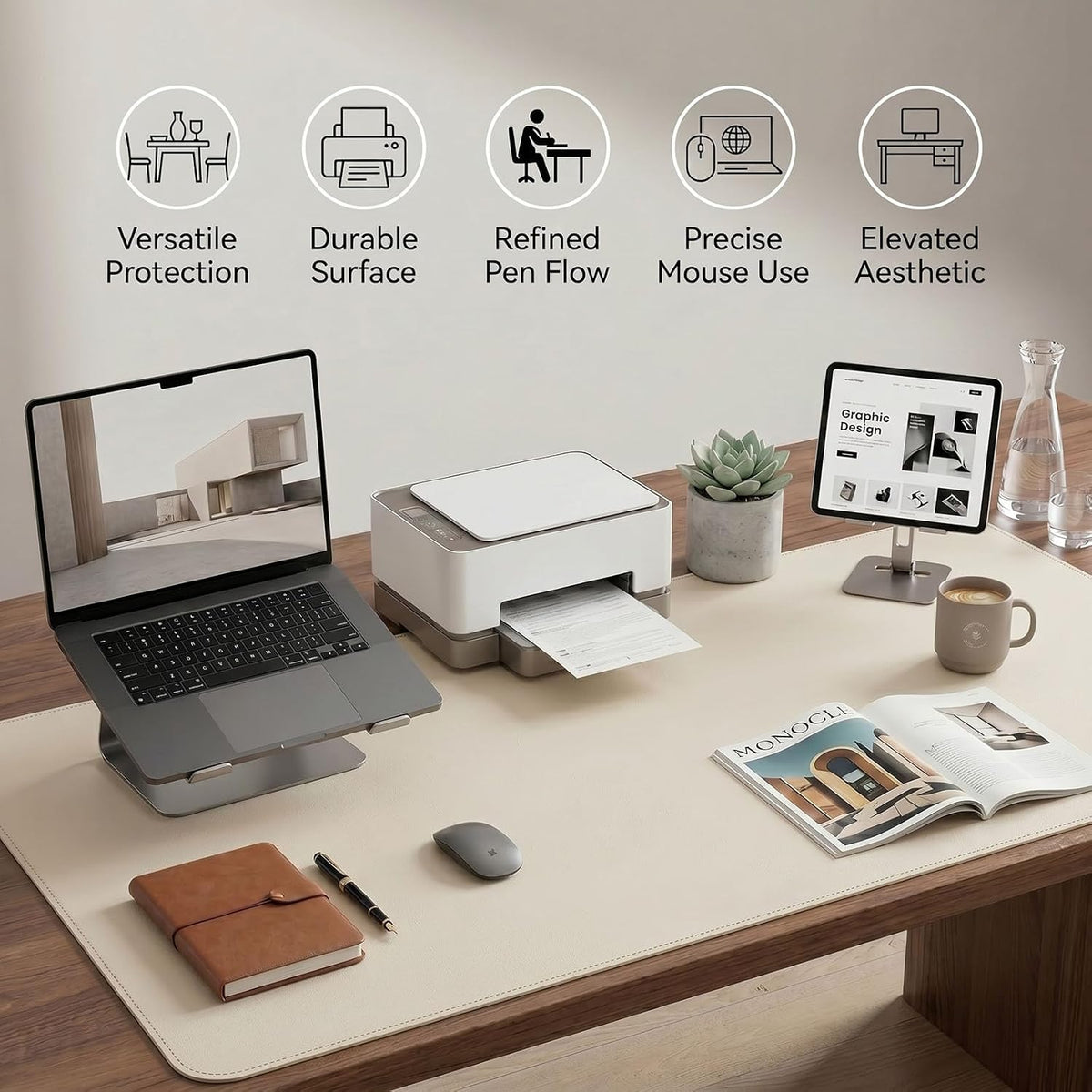 Large Desk Pad Non-Slip Desk Mat Protector for Keyboard Mouse Waterproof Vegan Leather Surface Faux Leather Laptop Mat Smooth Mouse Pad Premium Gift Tube Creamy White 39" x 17"
