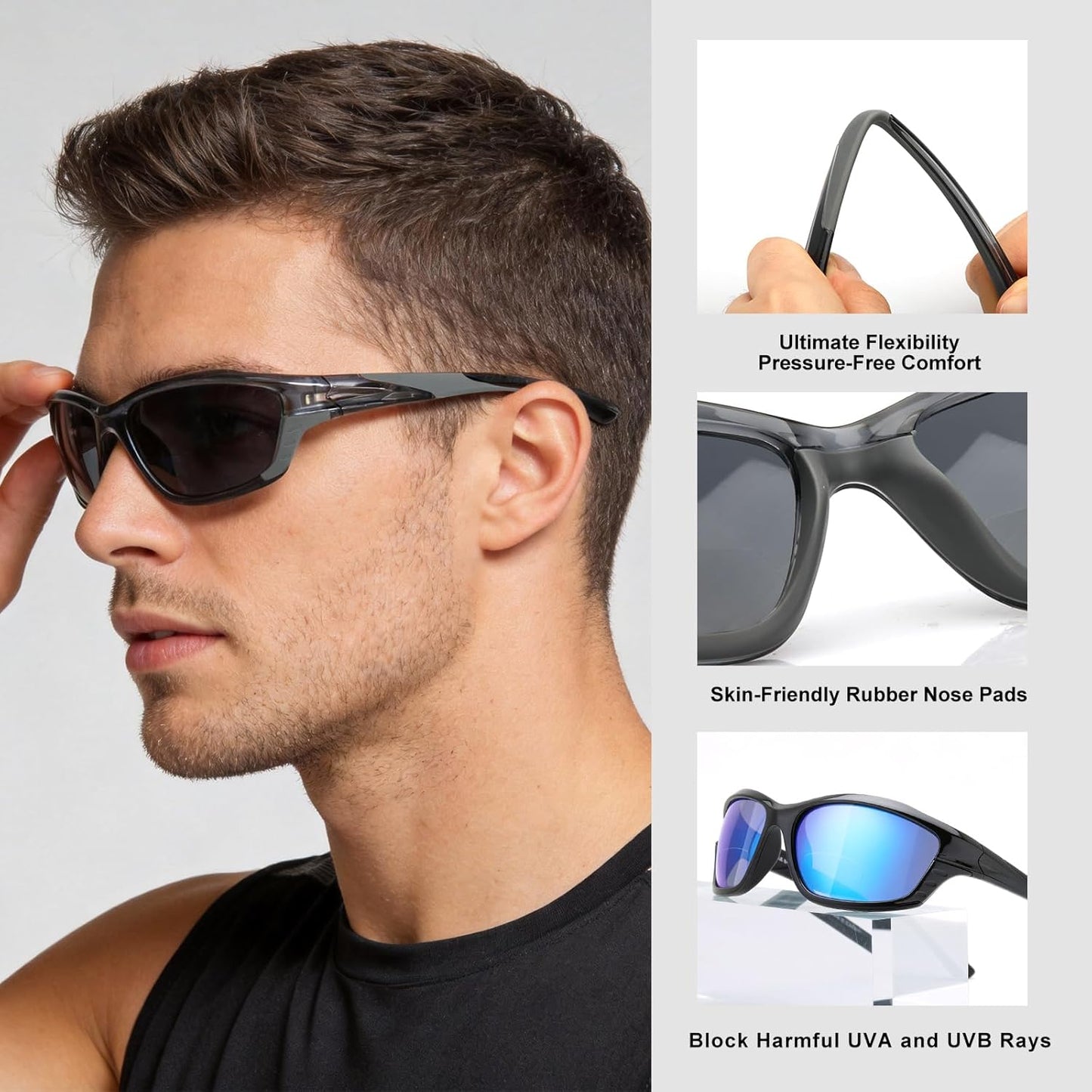 Missfive 2-Pack Mens Go-To Bifocal Sunglasses with Readers Built In, Resilient Temple Comfort-Fit Sport Wrap Around Frame & UV400 Protection, Driving & Reading Glasses for Outdoor +2.5