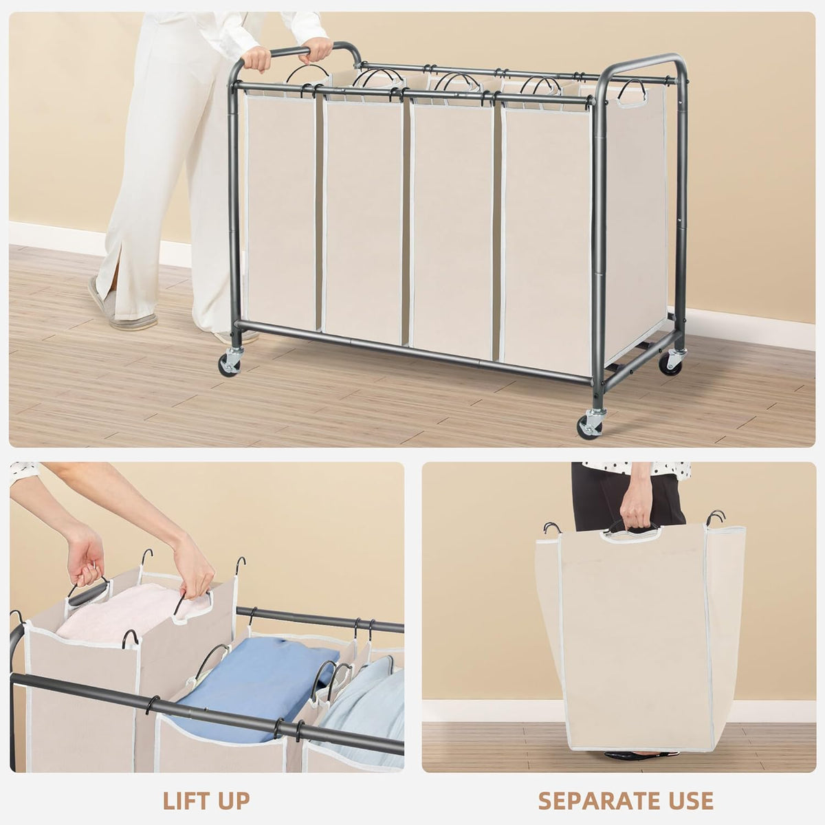STORAGE MANIAC Laundry Sorter 4 Section, 47.8 Gal (181 L) Laundry Hamper with Wheels, Clothes Divider Basket Sorter, Clothes Separator Hamper Cart with Wheels and Removable Bags, Beige