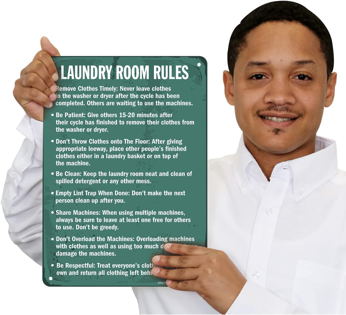 SmartSign Vintage 'Laundry Room Rules - Remove Clothes, Be Clean' Metal Laundry Sign, 14" x 10", 40 mil Laminated Aluminum, Home/Farmhouse/Laundromat Wall Décor, White/Rustic Green, USA-Made