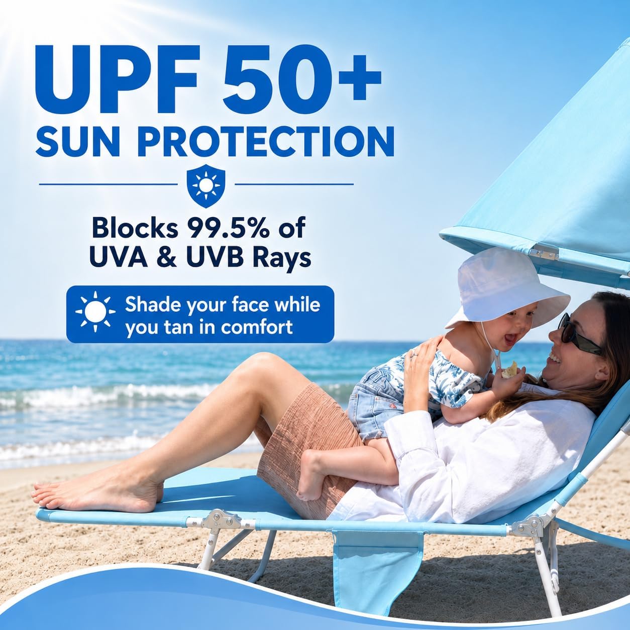 Backpack Beach Tanning Lounge Chair with Canopy Shade Face Hole Padded Adjustable Washable, 6 Position Layout Chair for Outside Sunbathing Poolside Lawn, UPF 50+ Wind-Resistant Sun Shade, Patented