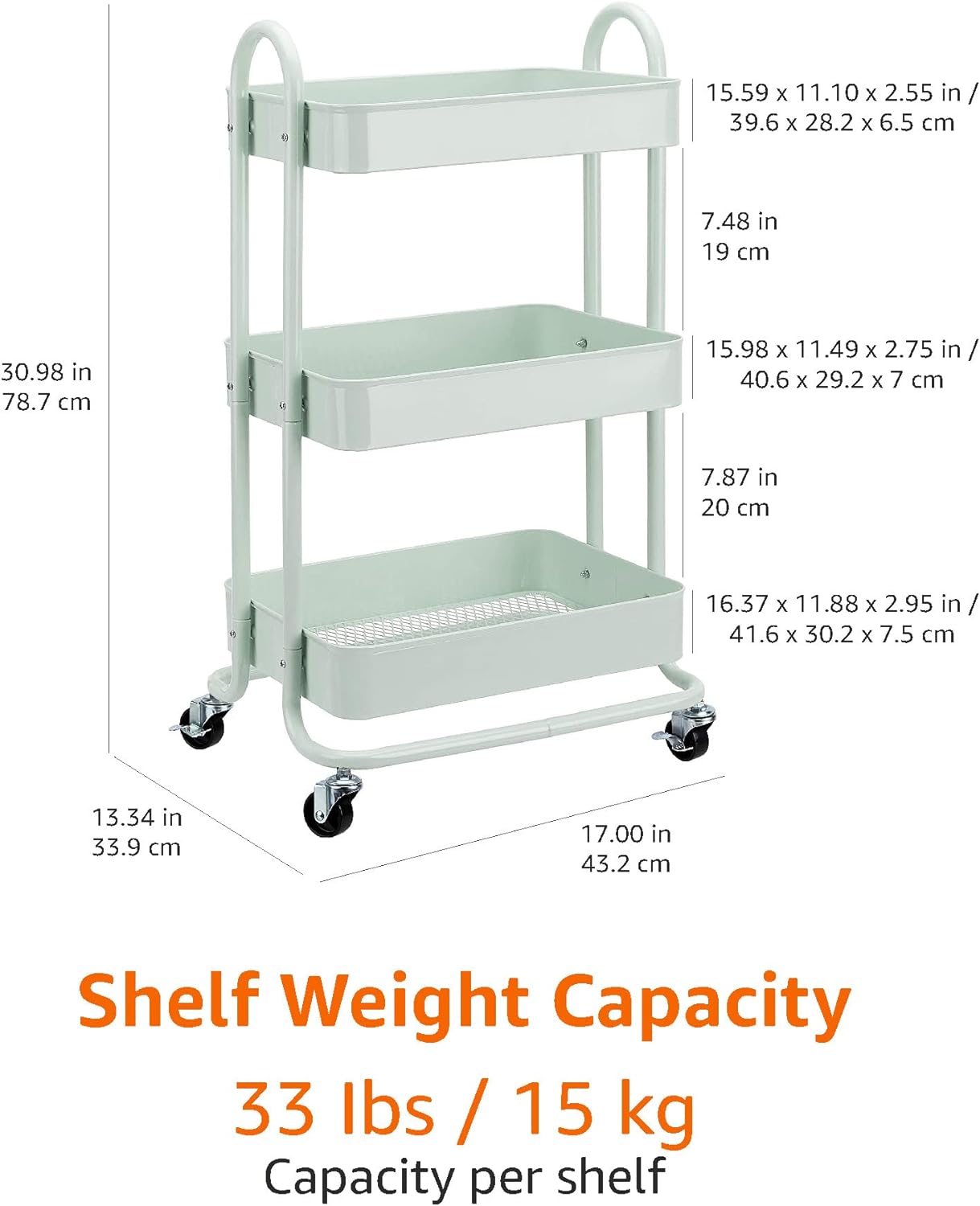 Amazon Basics 3-Tier Metal Rolling Utility Cart, Storage Organizer, Multi-Functional Kitchen Island Cart, Portable Shelving Unit with Caster Wheels, Mint Green