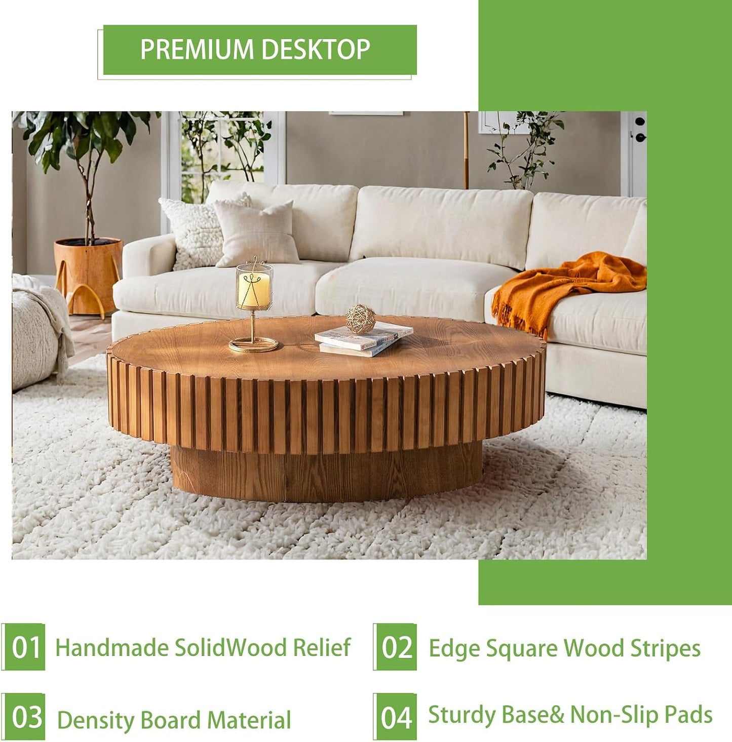 Handmade Oval Grooved Drum-Shaped Coffee Table (C Wood 43in) | Rustic Modern Circular Centerpiece for Living Room & Farmhouse Decor、Easy to Clean