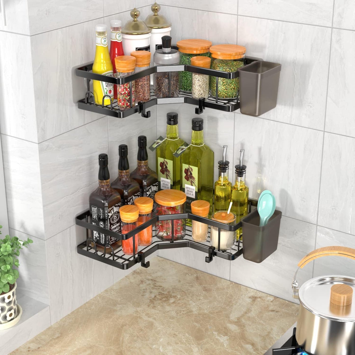AKTECKE Corner Shower Caddy, 2 Pack Adhesive Shower Corner Organizer Shelves, No Drilling Stainless Steel Shower Storage Rack with Hooks&Toothpaste Holder for Bathroom Kitchen （for 90° Corners Only）