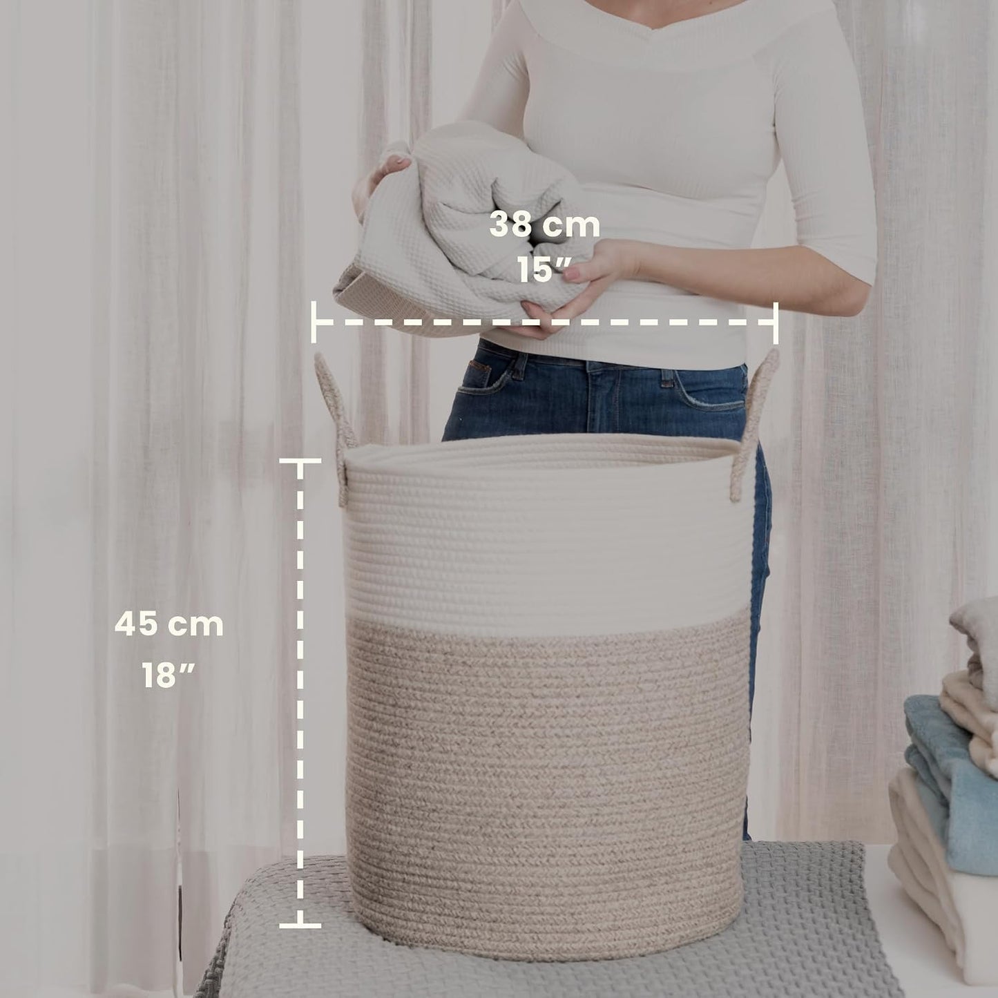 OrganiHaus Tall Cotton Rope Laundry Basket & Hamper, Blanket Storage 52L | Brown / Off-White - Tall Cotton Rope Hamper, 52L