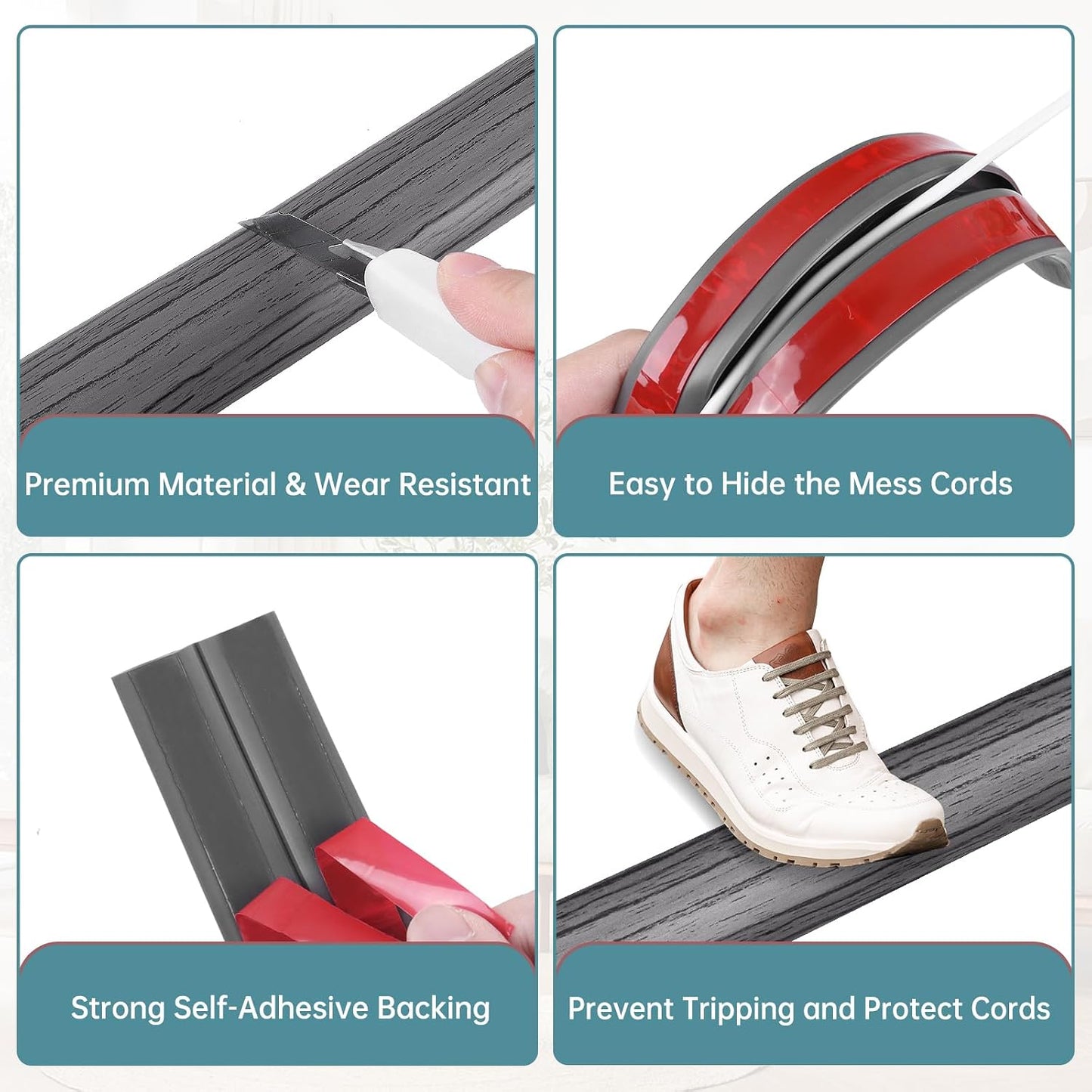 LSGCQ Floor Cord Cover Self Adhesive Cord Hider Floor Cable Management | Cord Covers for Wires on Floor Cable Cover, Prevent Cable Trips, Cable Cavity 0.32" W x 0.32" H, 20Ft, Deep Grey Wood