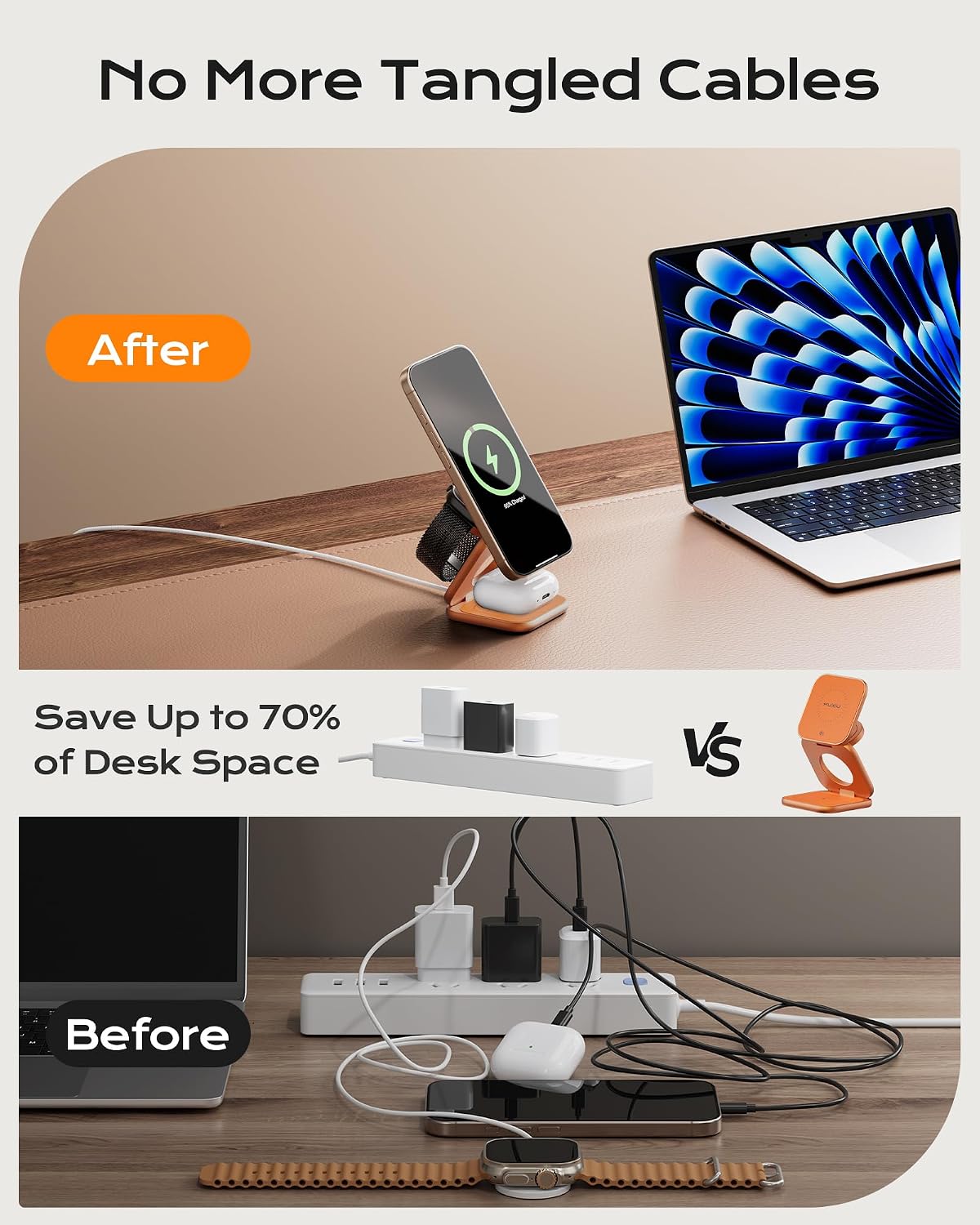 KU XIU Qi2.2 25W Magnetic Wireless Charger, Foldable 3 in 1 Travel Charging Station for iPhone 17/16/15/14/13/12, 5W for Apple Watch & AirPods, Aluminum Alloy Design, 45W GaN Adapter Included, Orange