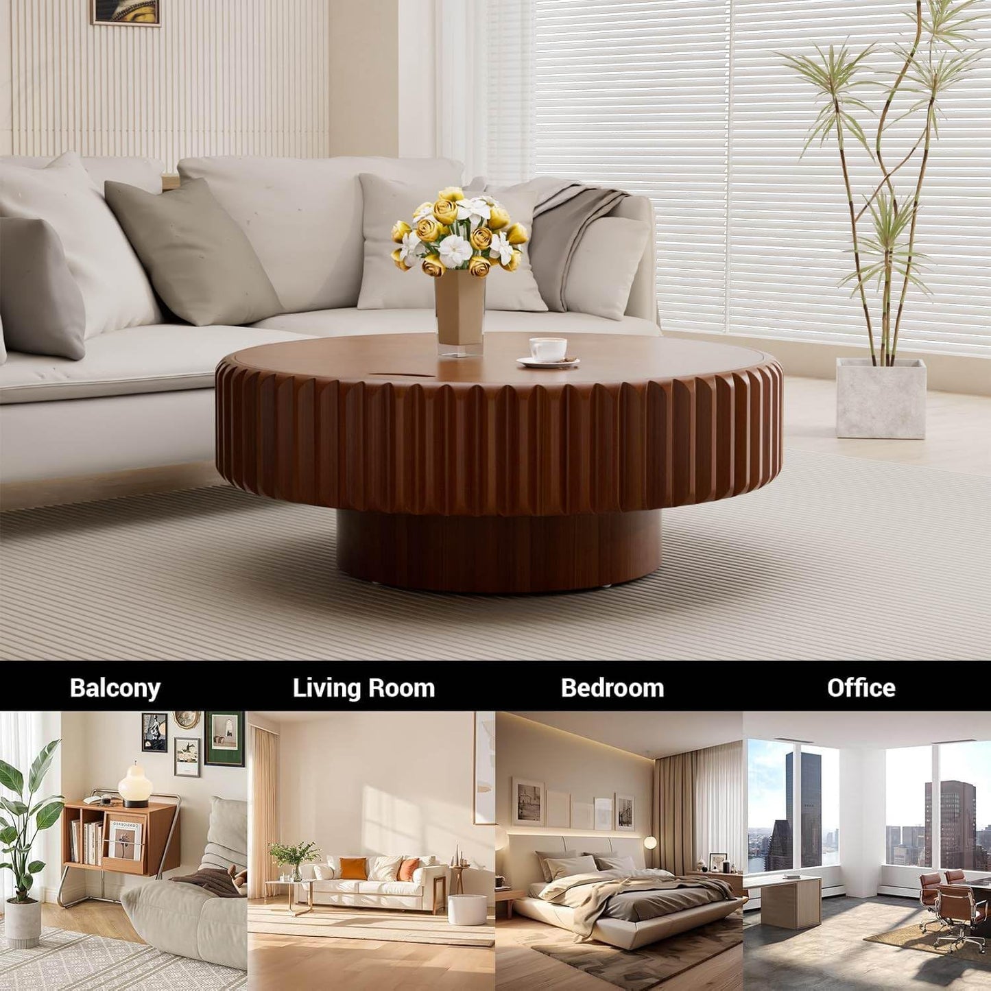 31.5" Round Drum Fluted Coffee Table (L31.5IN) | Mid-Century Modern, Easy Assembly, Sturdy Pedestal, Center Tables for Apartment Living Room