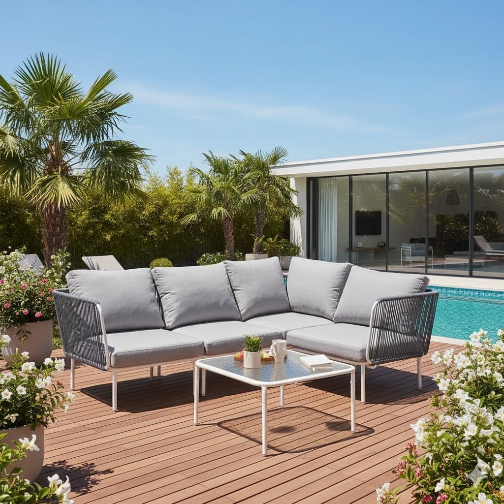 EAST OAK Life Chatter Loveseat, Outdoor Furniture, 2 Seats Sofa with Thick Washable Cushions, Deep Seating for Garden, Porch, Balcony, Backyard, Earth Black & Misty Grey