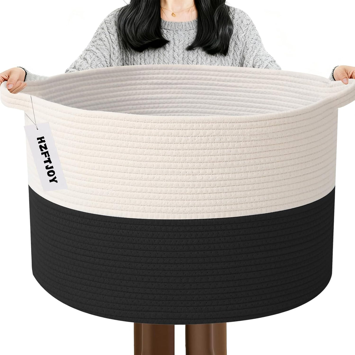 65L Large Blanket Basket,Woven Rope Laundry Basket-White&Black | Collapsible, reinforced handles, nursery storage bin organizes clothes, toys and pillows for living room, bedroom bathroom