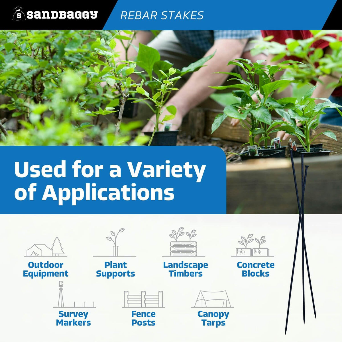 Sandbaggy 48" Steel Rebar Stakes with Nail Head - Garden Stakes (#4 Rebar - 1/2" Diameter) - l-Shape - Ground Stake, Pins, Landscaping Spikes, Construction (10, Count)