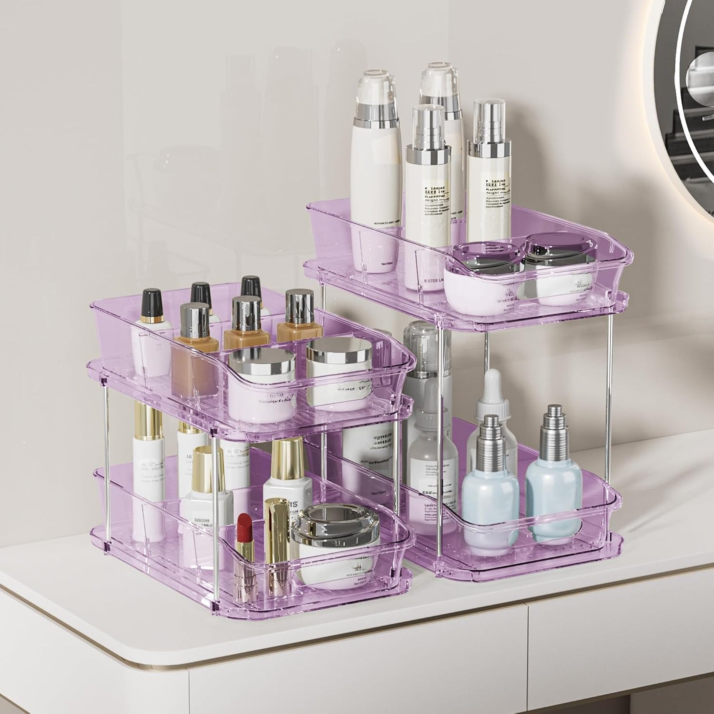 Delamu 2-Tier Under Sink Organizers and Storage, Multi-Purpose Stackable Bathroom Cabinet organizers, Pull Out Kitchen Pantry Organization and Storage with Dividers(2 Pack, Purple)