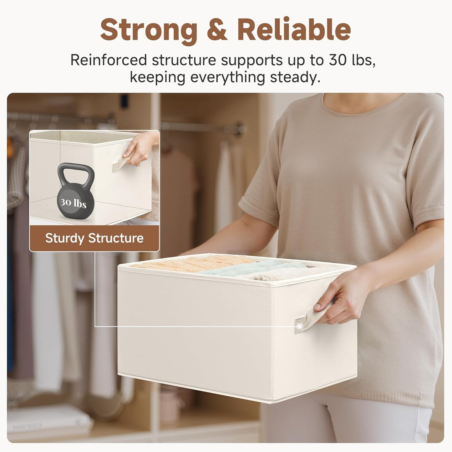 StorageWorks Closet Storage Bins, Beige, 3-Pack, Large | Closet Organizers and Storage Bins, Fabric Storage Baskets for Shelves, Linen Closet Organizer for Clothes