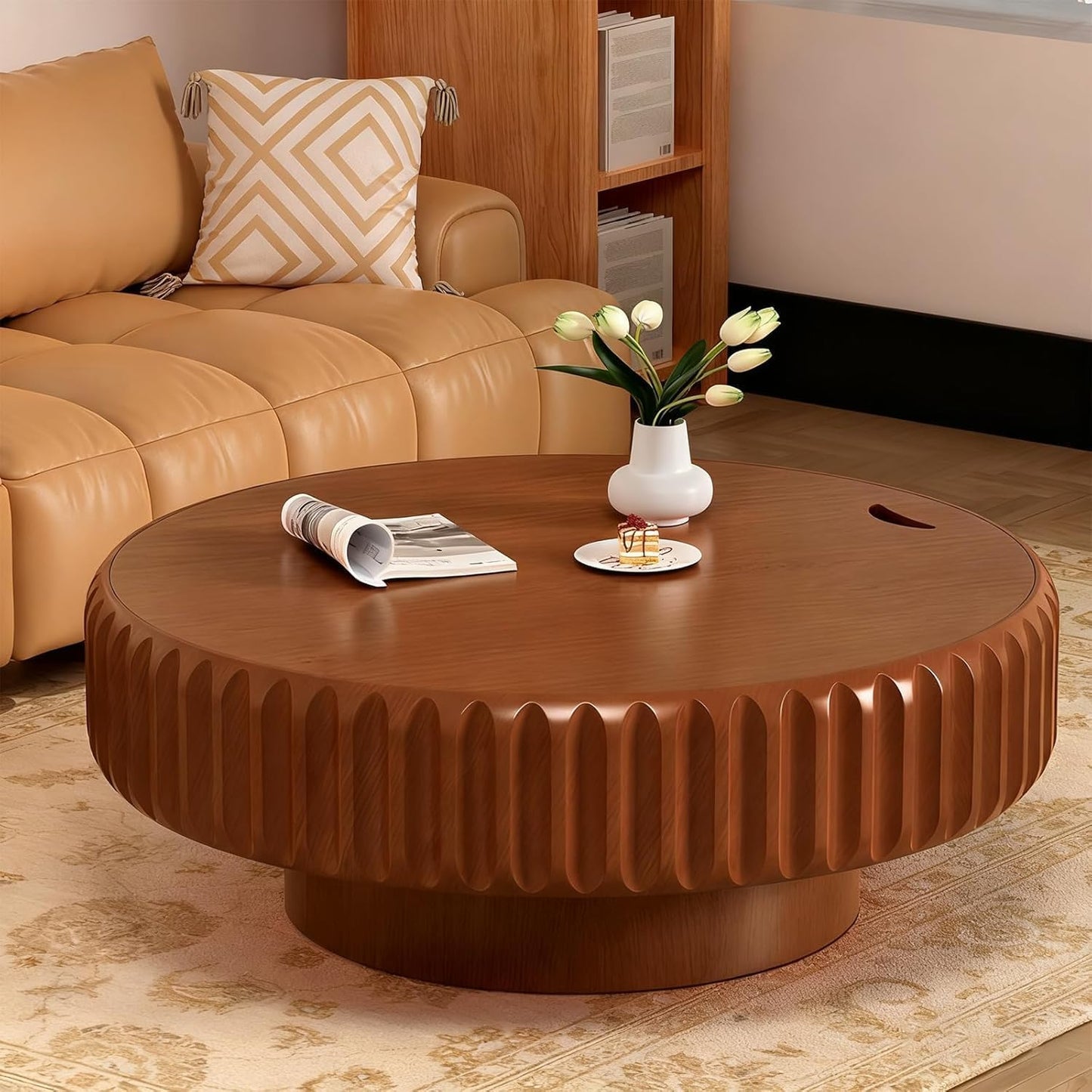 39.4 in Brown Round Drum Coffee Table with Storage | Modern Round Fluted Storage Center Table Handcrafted Solid Wood Fluted Edge, Cylindrical Base For Living Room, Apartment