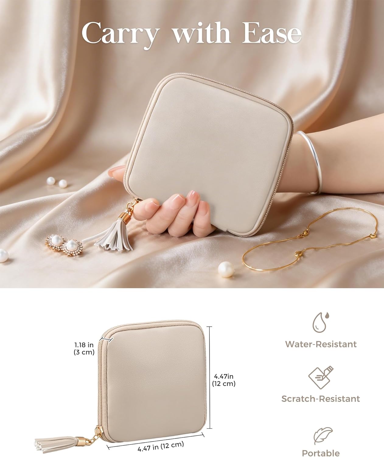 Lolalet Travel Jewelry Case Organizer, Small Jewellery Pouch with Compartments for Storage, Soft Velvet Bag for Traveling Women, Packing for Necklaces, Earrings, Bracelets -Oatmeal