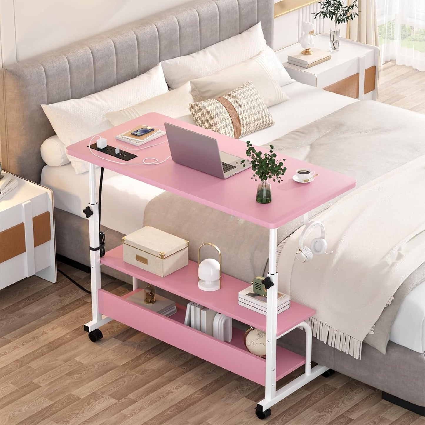 Armocity Rolling Standing Desk with Charging Station, Portable Height Adjustable Mobile Computer Desk with Wheels & 2-Tier Shelves & Hooks, Easy Assembly Laptop Table for Couch Bed, 32" Pink