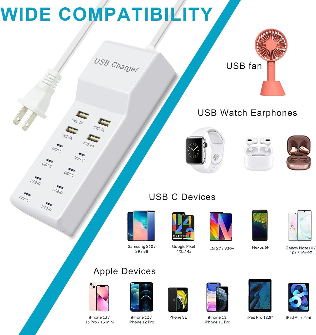USB C Power Strip, 100W USB Charging Station 4 USB-A Ports and 8 USB-C Ports Multiple USB Charging Block with Auto-Detect Technology Compatible with Smart iPhone Tablet Laptop Multiple Devices